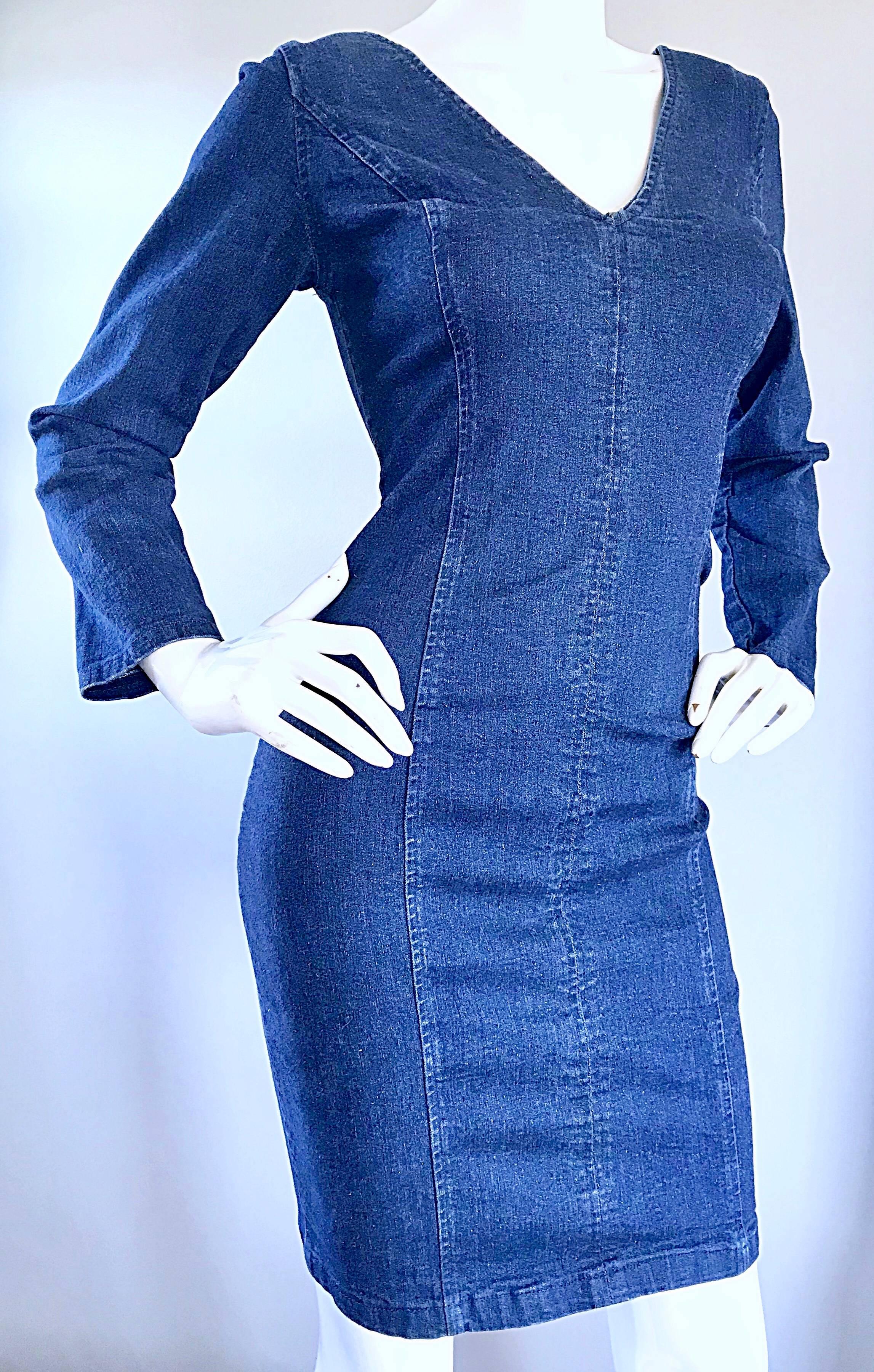 1990s Blue Jean Denim Long Sleeve Bodycon Form Fitting 90s Vintage Dress 3