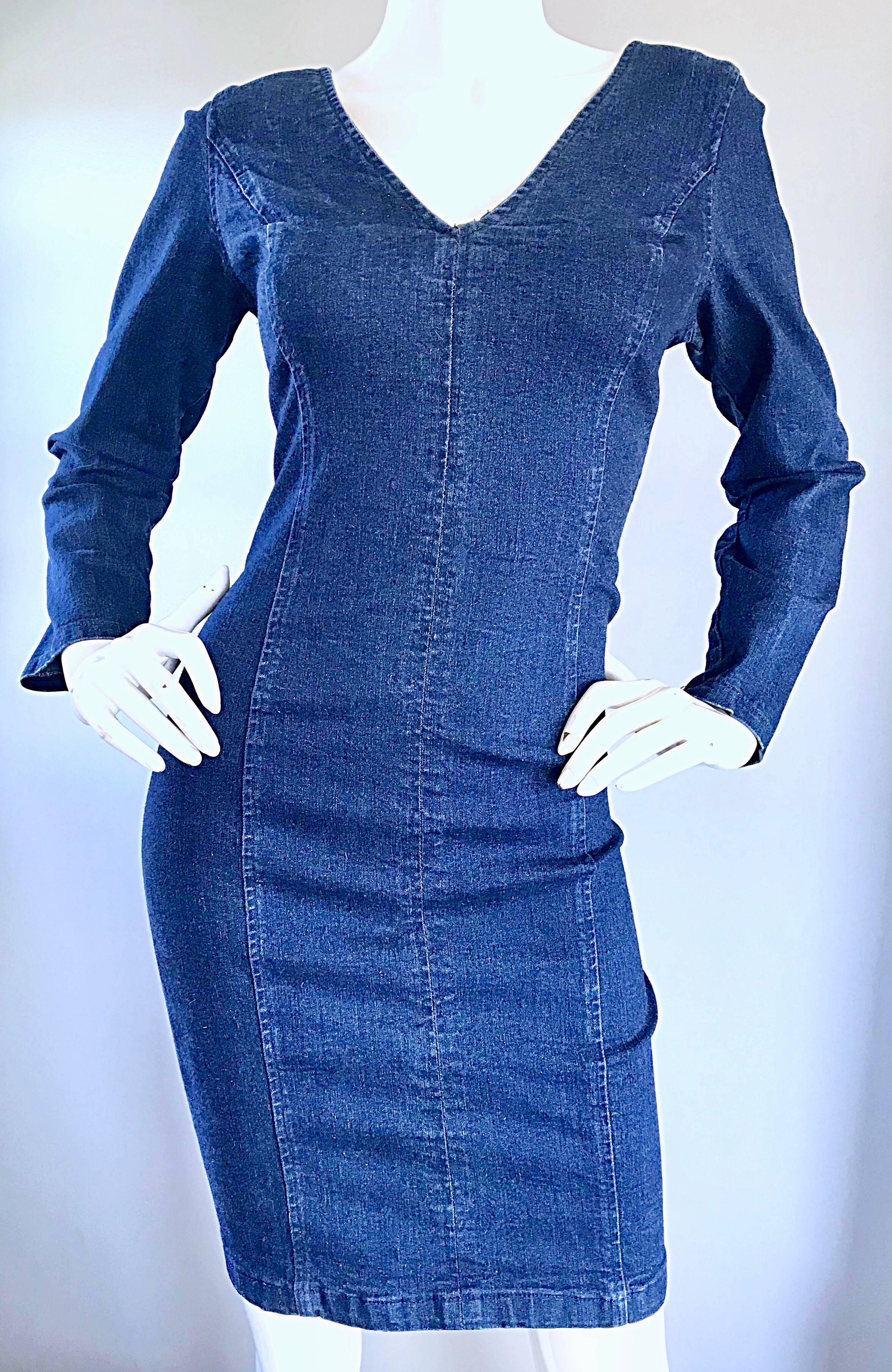 1990s Blue Jean Denim Long Sleeve Bodycon Form Fitting 90s Vintage Dress In Excellent Condition In San Diego, CA
