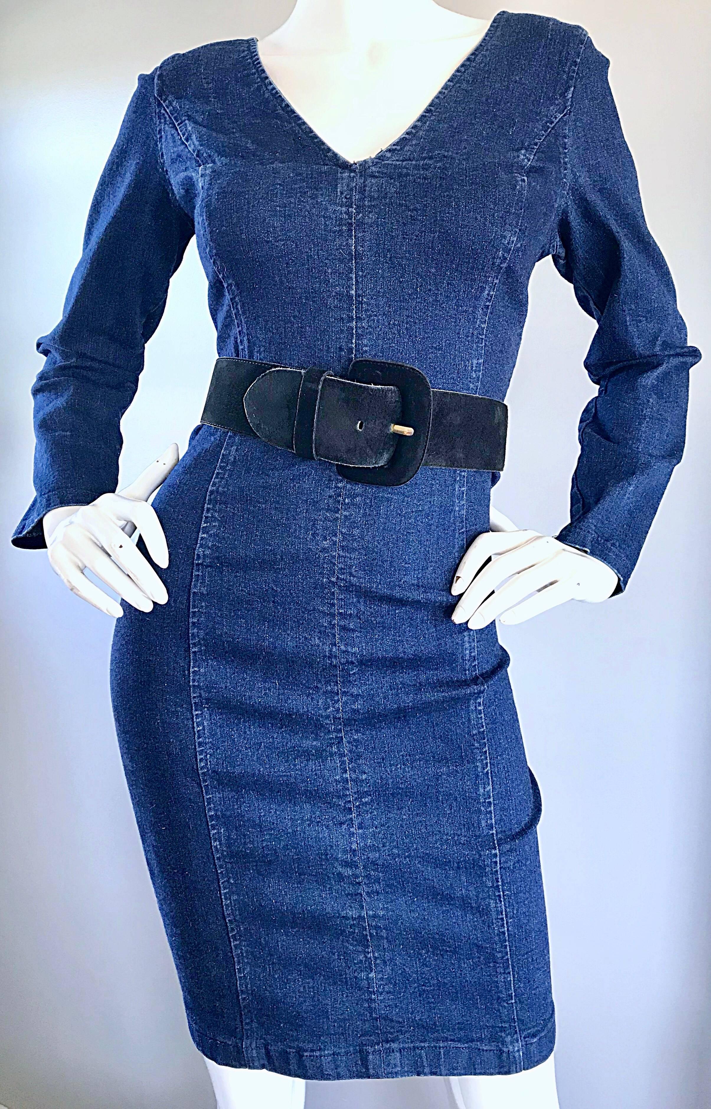 Women's 1990s Blue Jean Denim Long Sleeve Bodycon Form Fitting 90s Vintage Dress