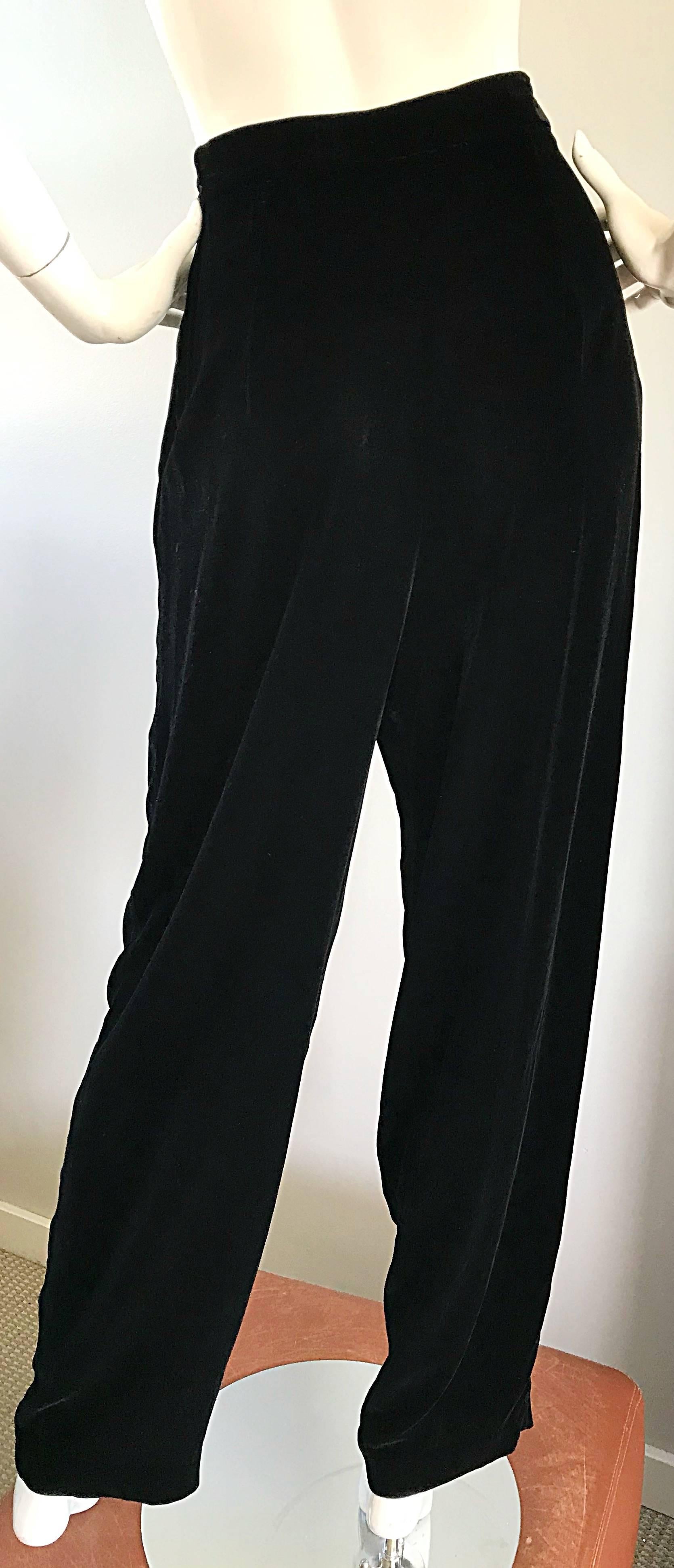 1990s Christian Dior Size 10 / 12 Black Silk Velvet Vintage Straight Leg Pants For Sale 1