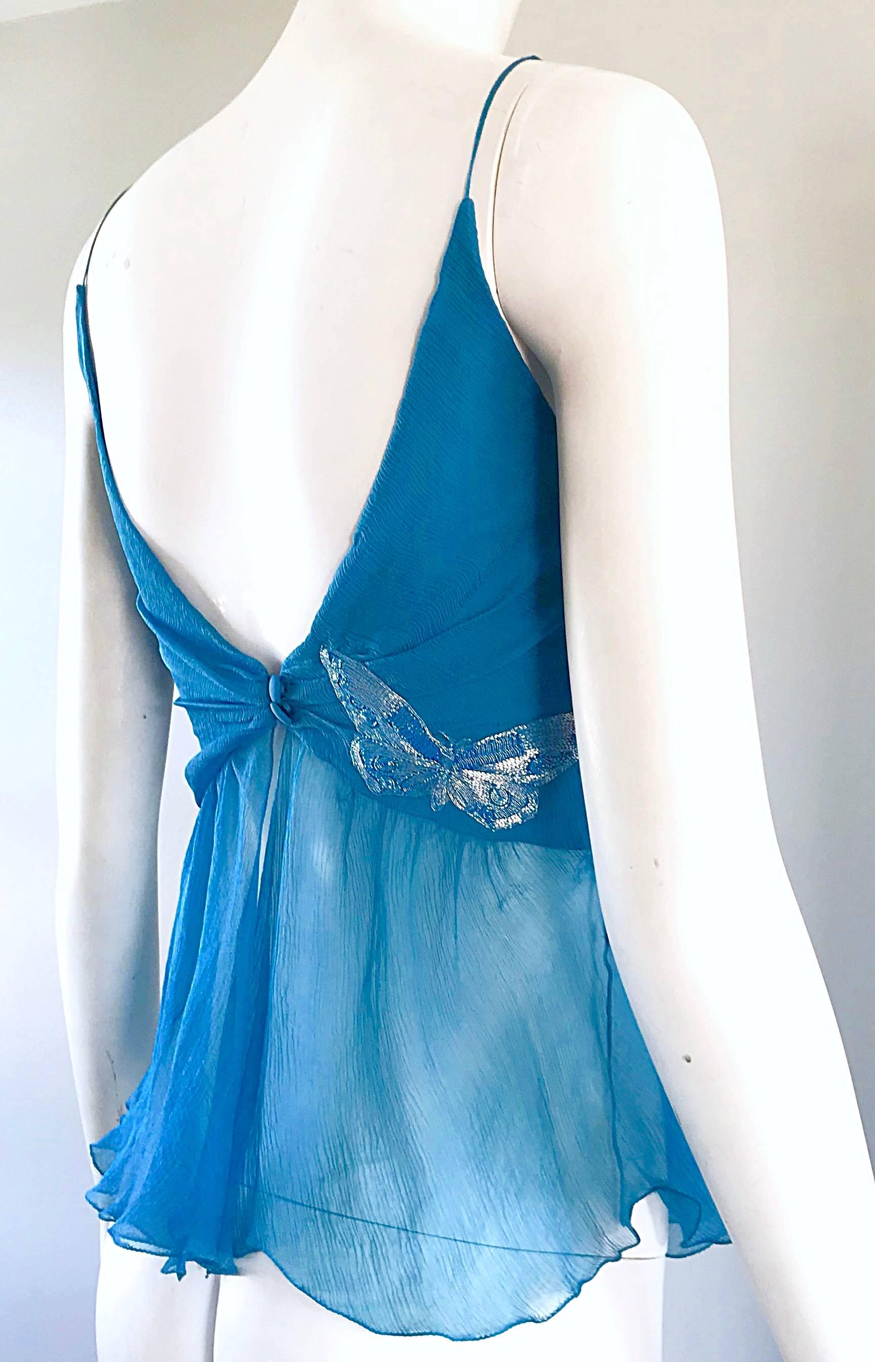 Alessandro Dell Acqua Turquoise Blue + Silver Butterfly Silk Chiffon Vintage Top 4