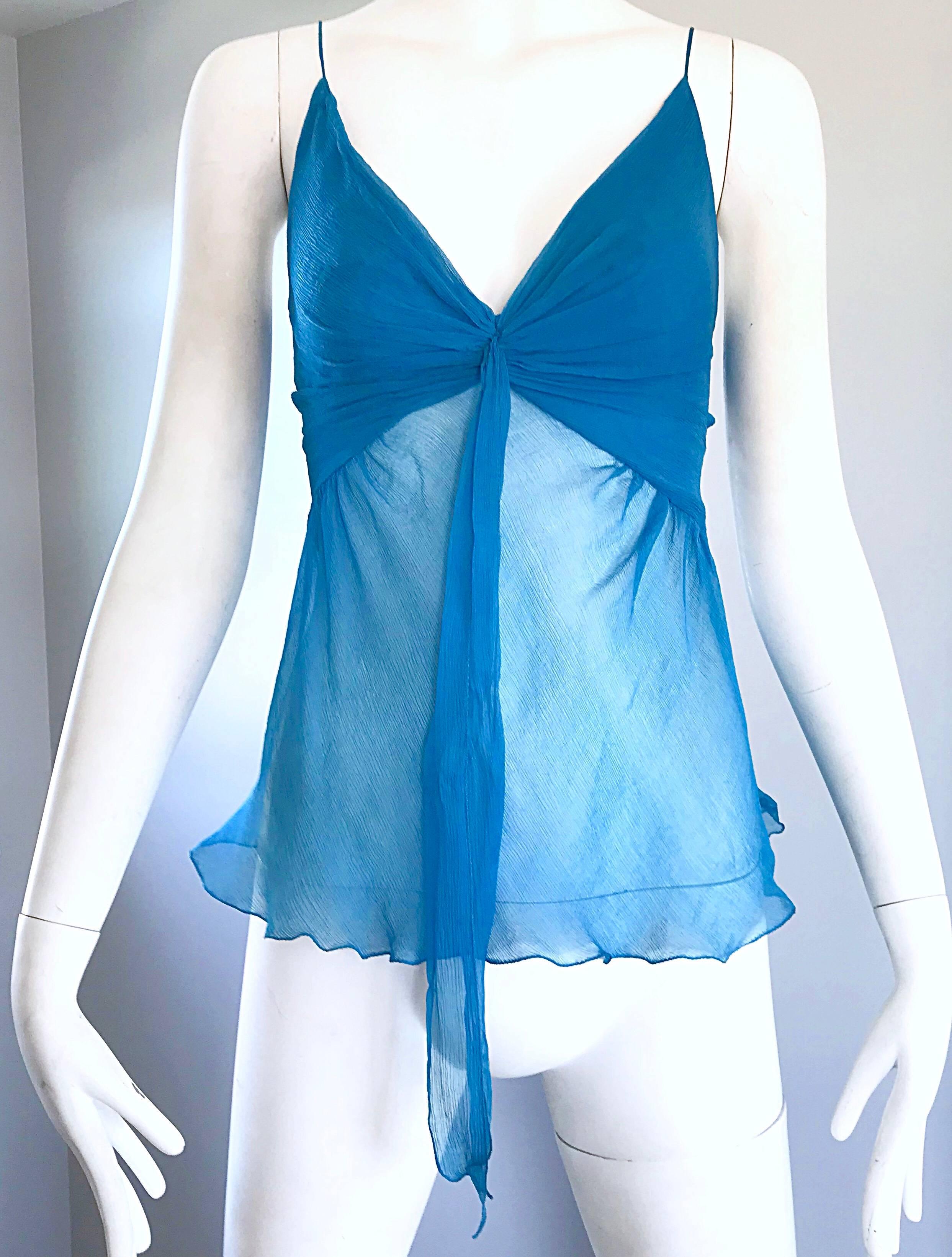 Alessandro Dell Acqua Turquoise Blue + Silver Butterfly Silk Chiffon Vintage Top 2