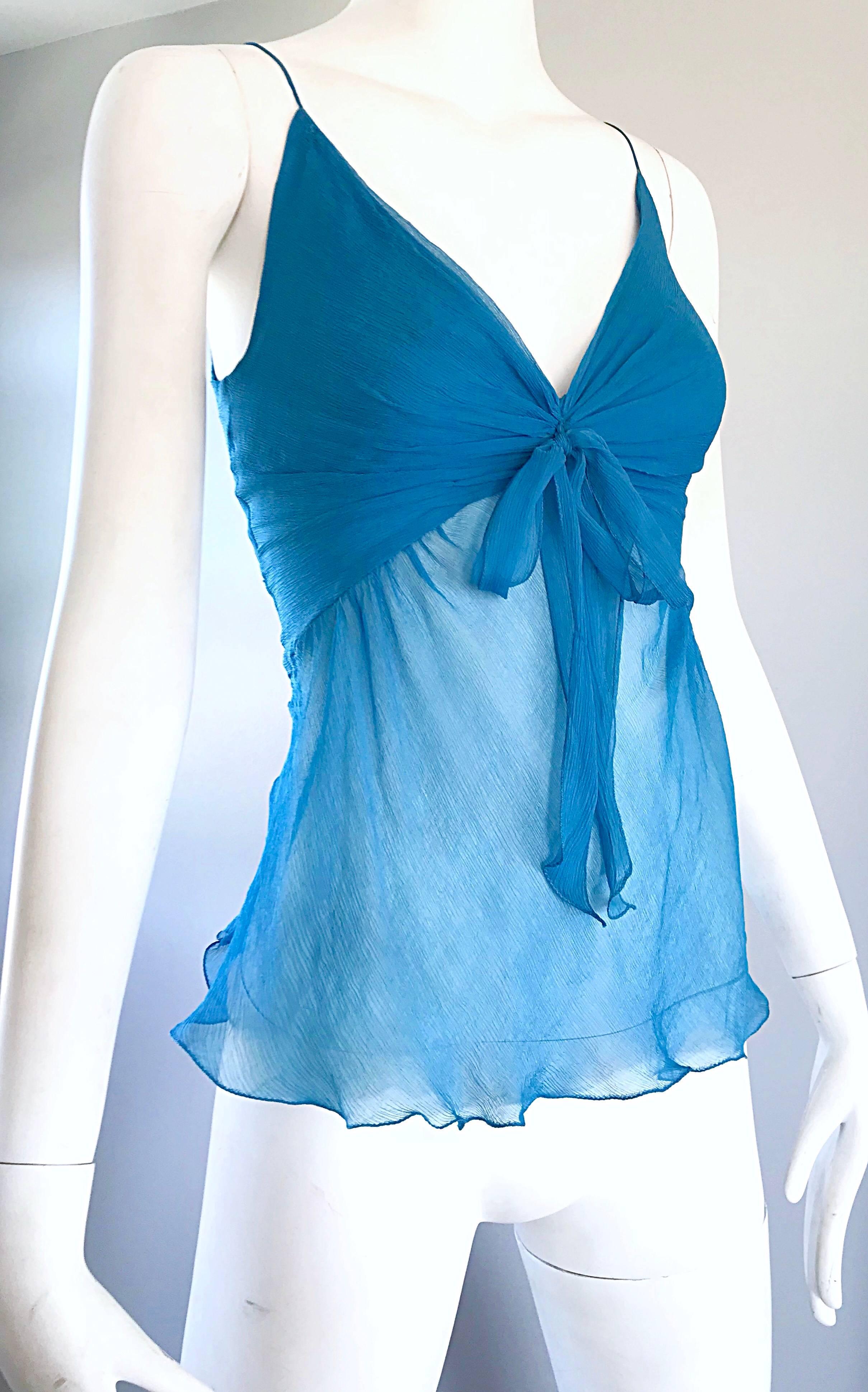 Alessandro Dell Acqua Turquoise Blue + Silver Butterfly Silk Chiffon Vintage Top In Excellent Condition In San Diego, CA