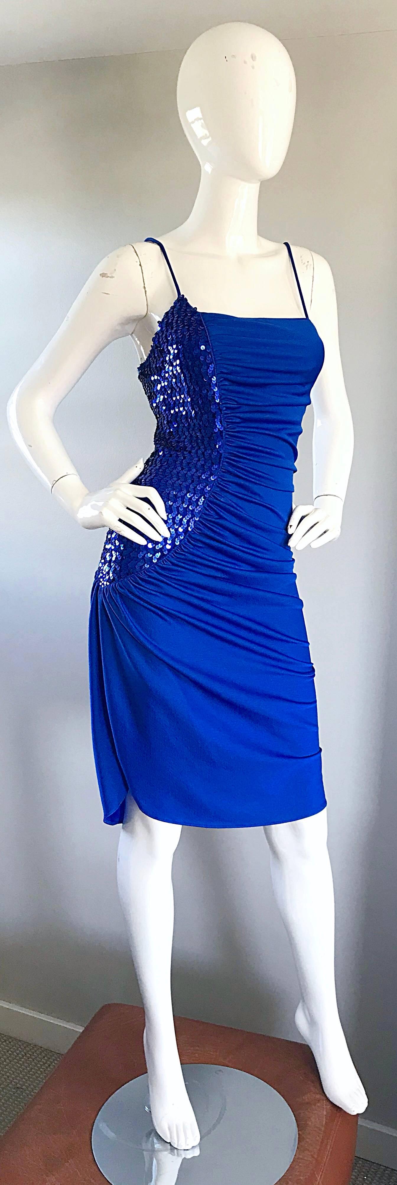 Samir - Robe disco sexy et fluide en jersey bleu royal et paillettes, années 1980 en vente 1