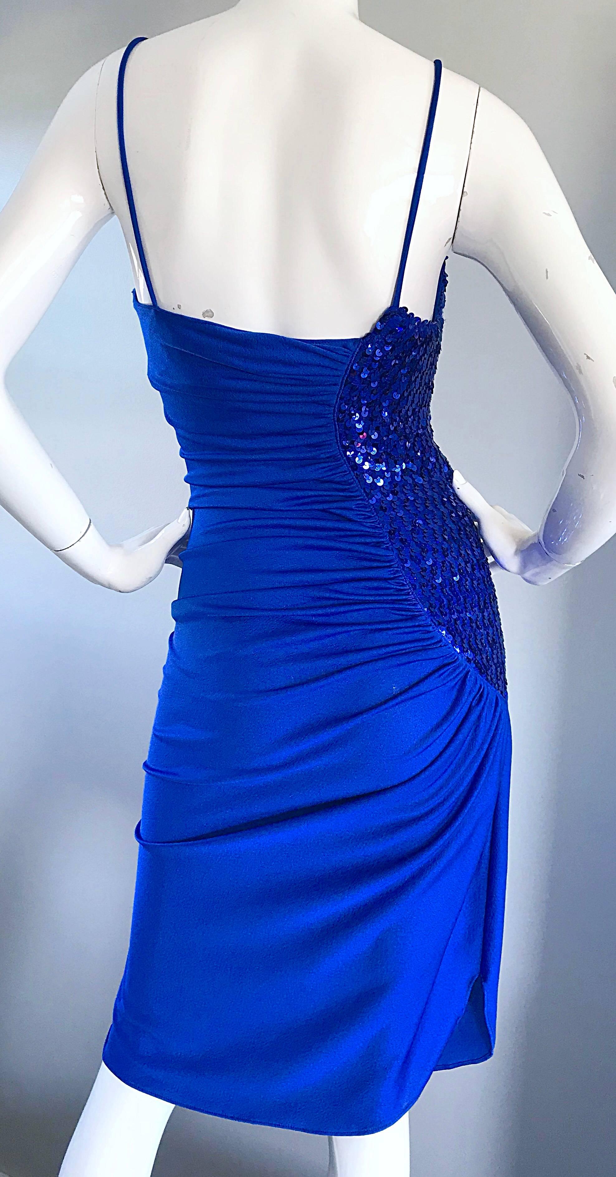 1980s Samir Royal Blue Jersey + Sequins Sexy Slinky Vintage 80s Disco Dress For Sale 2