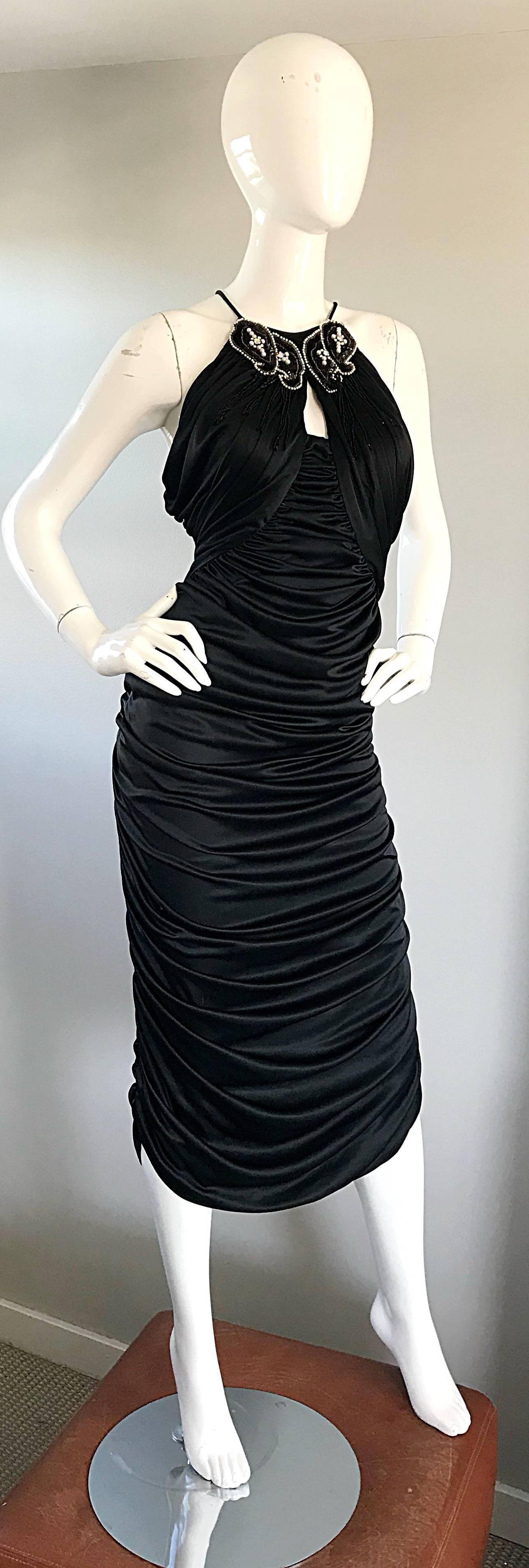 1980s Vintage Samir Black Beaded + Pearl + Rhinestone Sexy Ruched 80s Dress For Sale 1