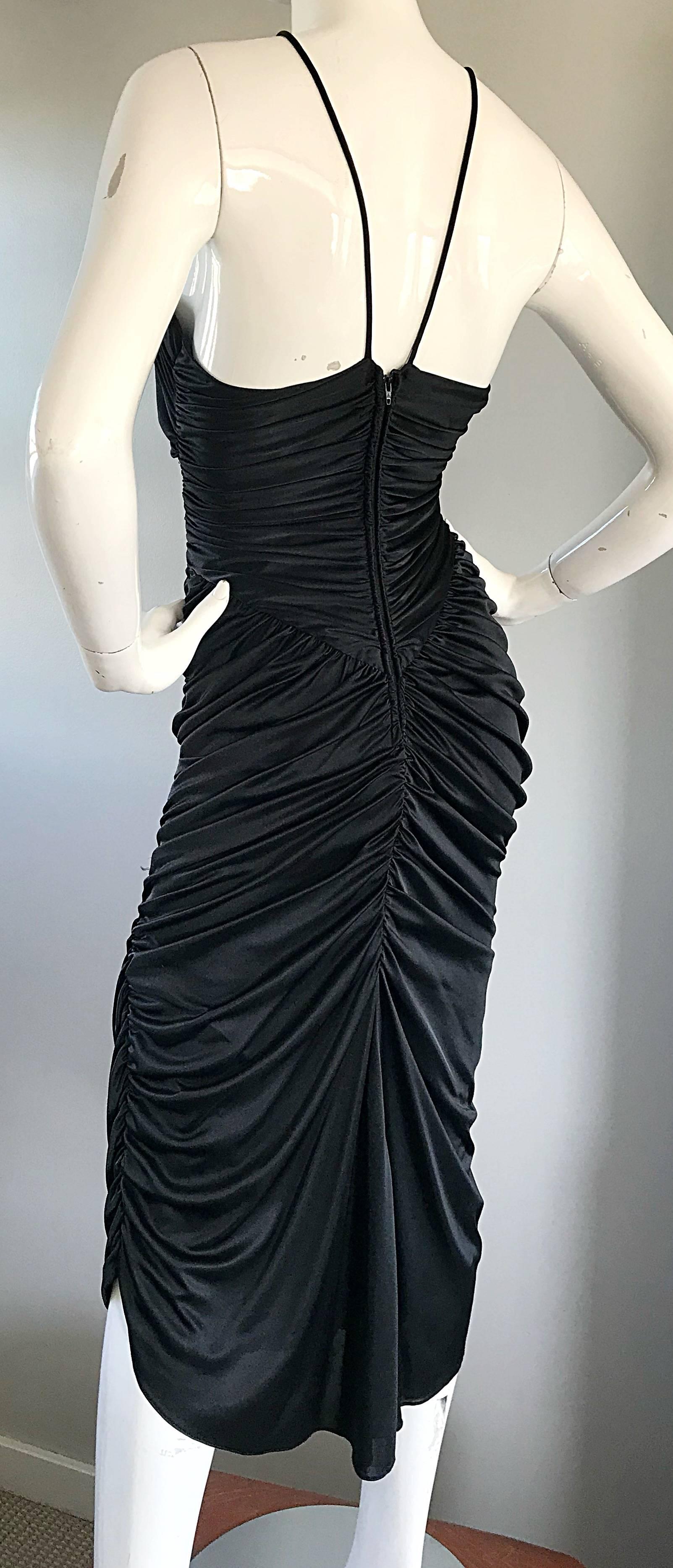 1980s Vintage Samir Black Beaded + Pearl + Rhinestone Sexy Ruched 80s Dress For Sale 4
