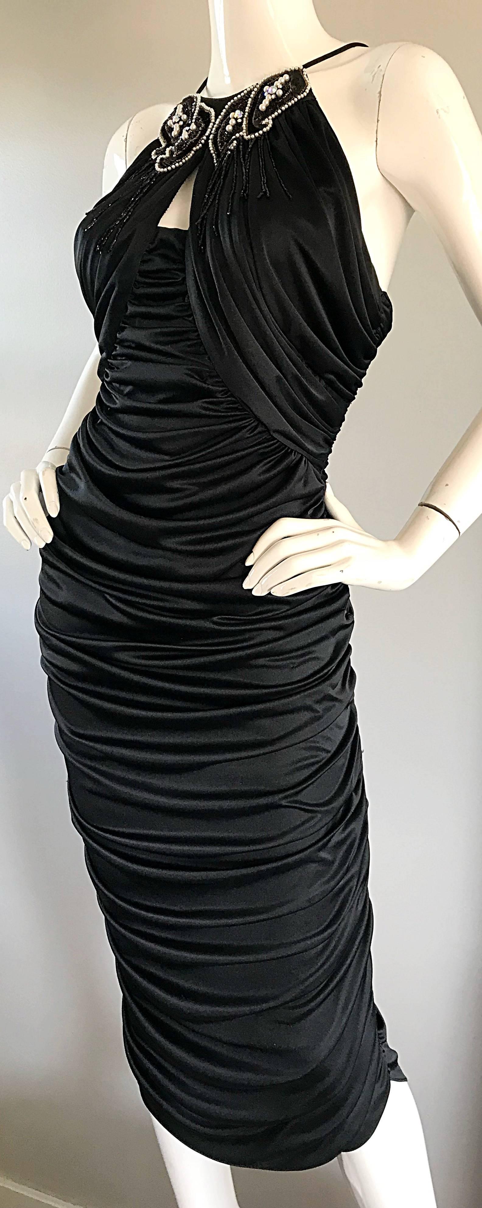 Women's 1980s Vintage Samir Black Beaded + Pearl + Rhinestone Sexy Ruched 80s Dress For Sale