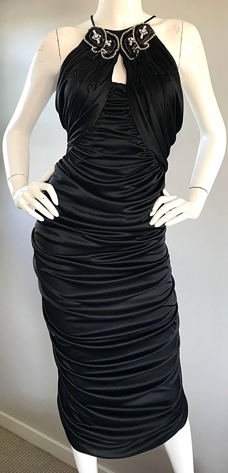 1980s Vintage Samir Black Beaded + Pearl + Rhinestone Sexy Ruched 80s Dress  For Sale at 1stDibs