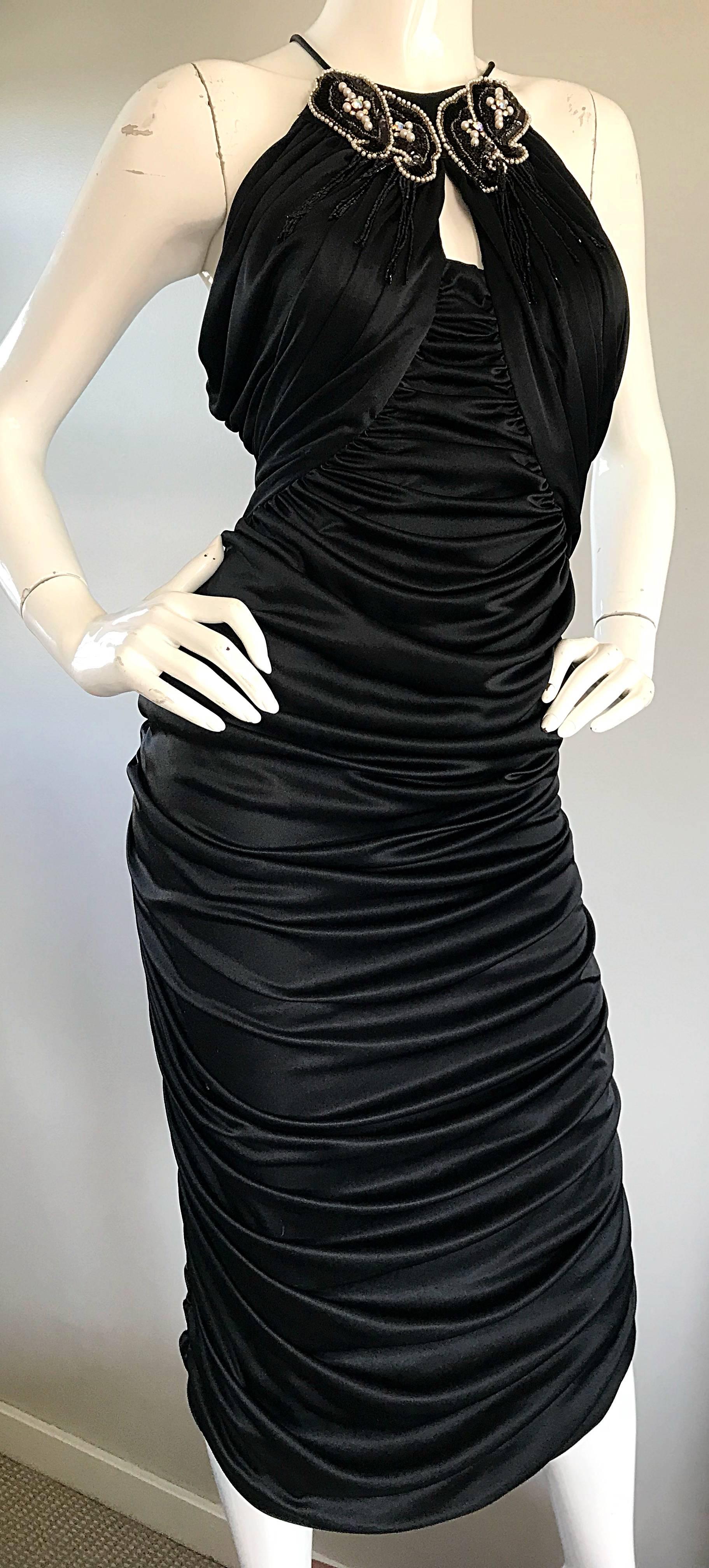 1980s Vintage Samir Black Beaded + Pearl + Rhinestone Sexy Ruched 80s Dress For Sale 2
