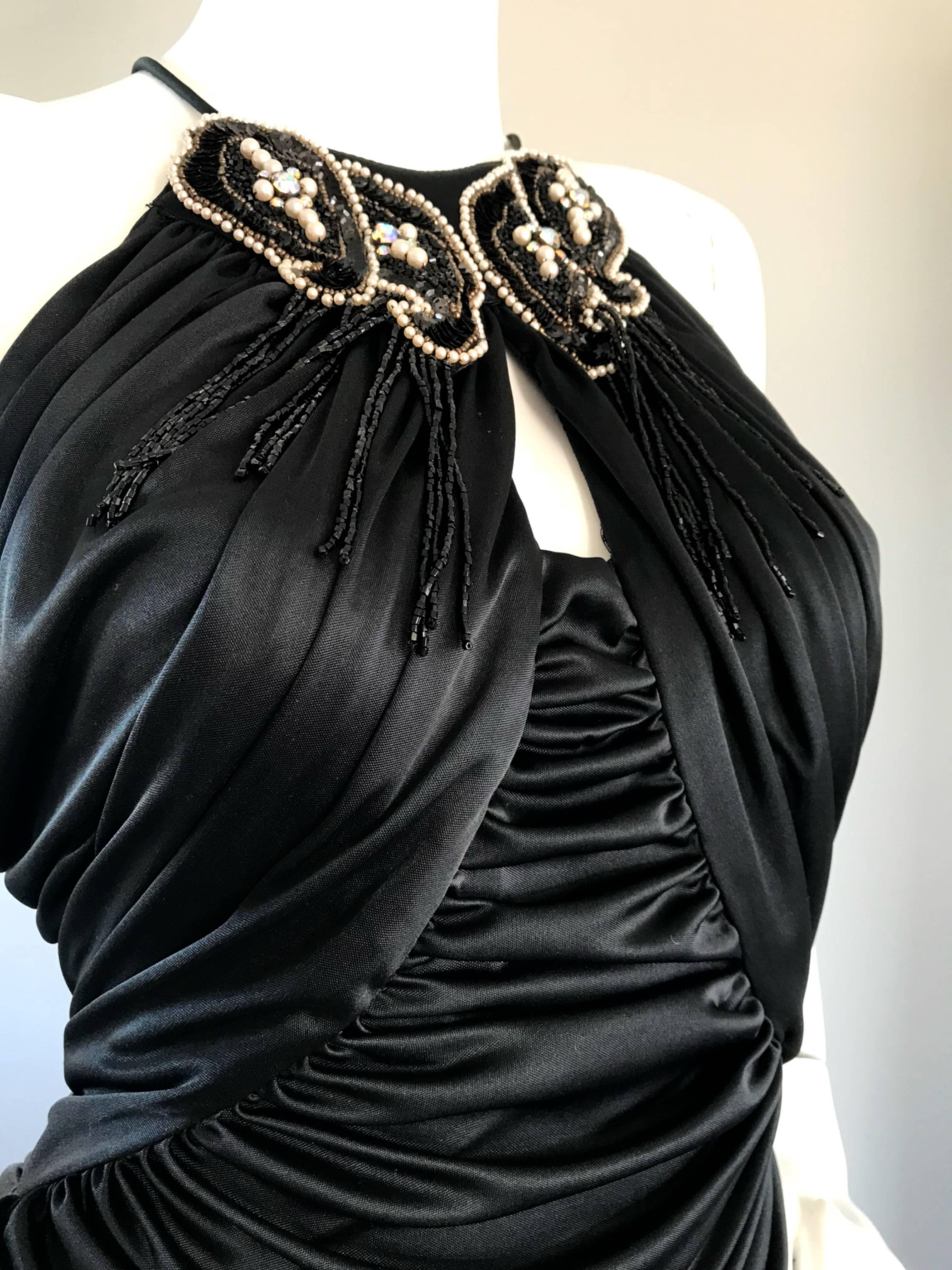 1980s Vintage Samir Black Beaded + Pearl + Rhinestone Sexy Ruched 80s Dress For Sale 3