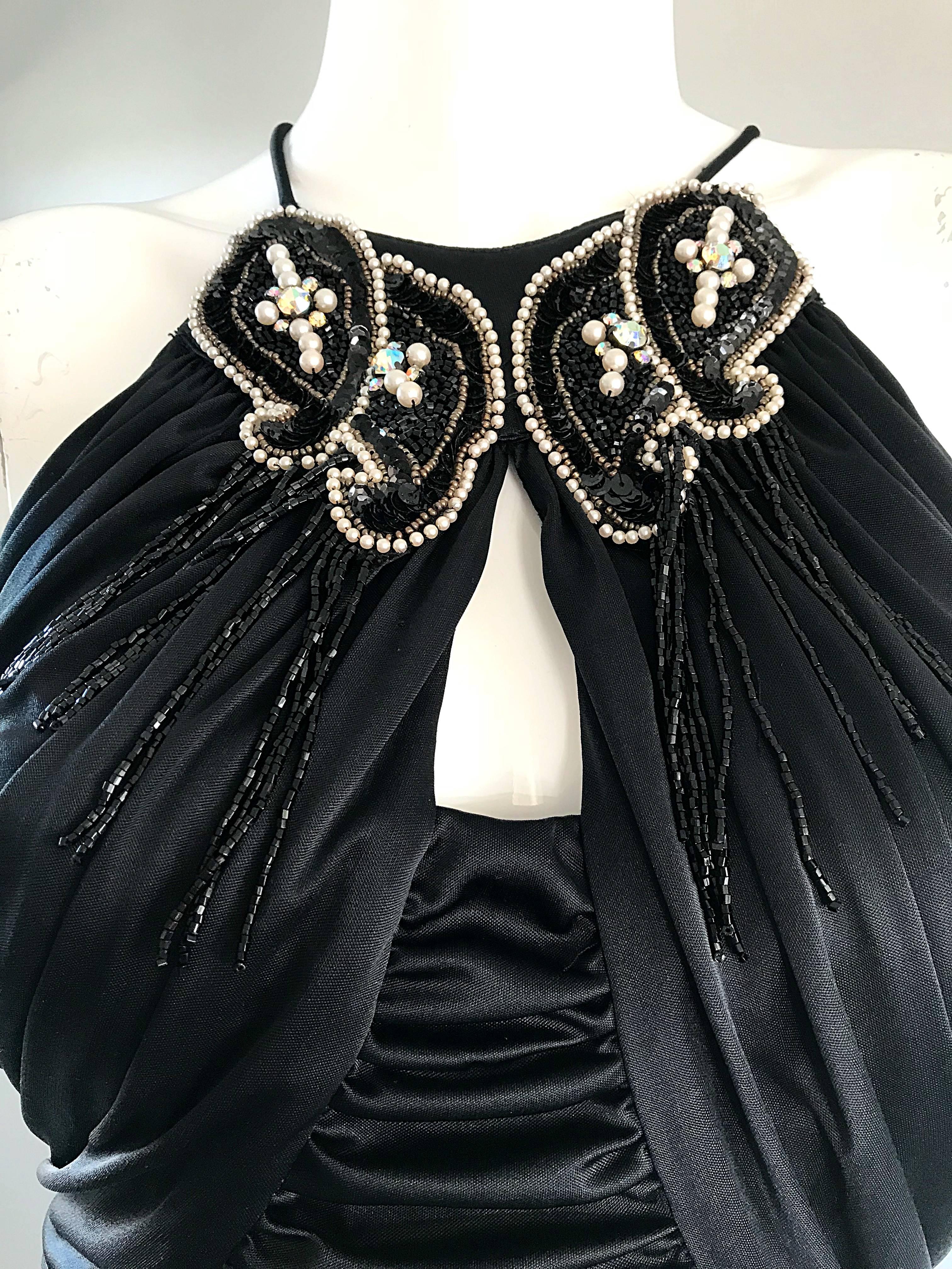 1980s Vintage Samir Black Beaded + Pearl + Rhinestone Sexy Ruched 80s Dress In Excellent Condition For Sale In San Diego, CA