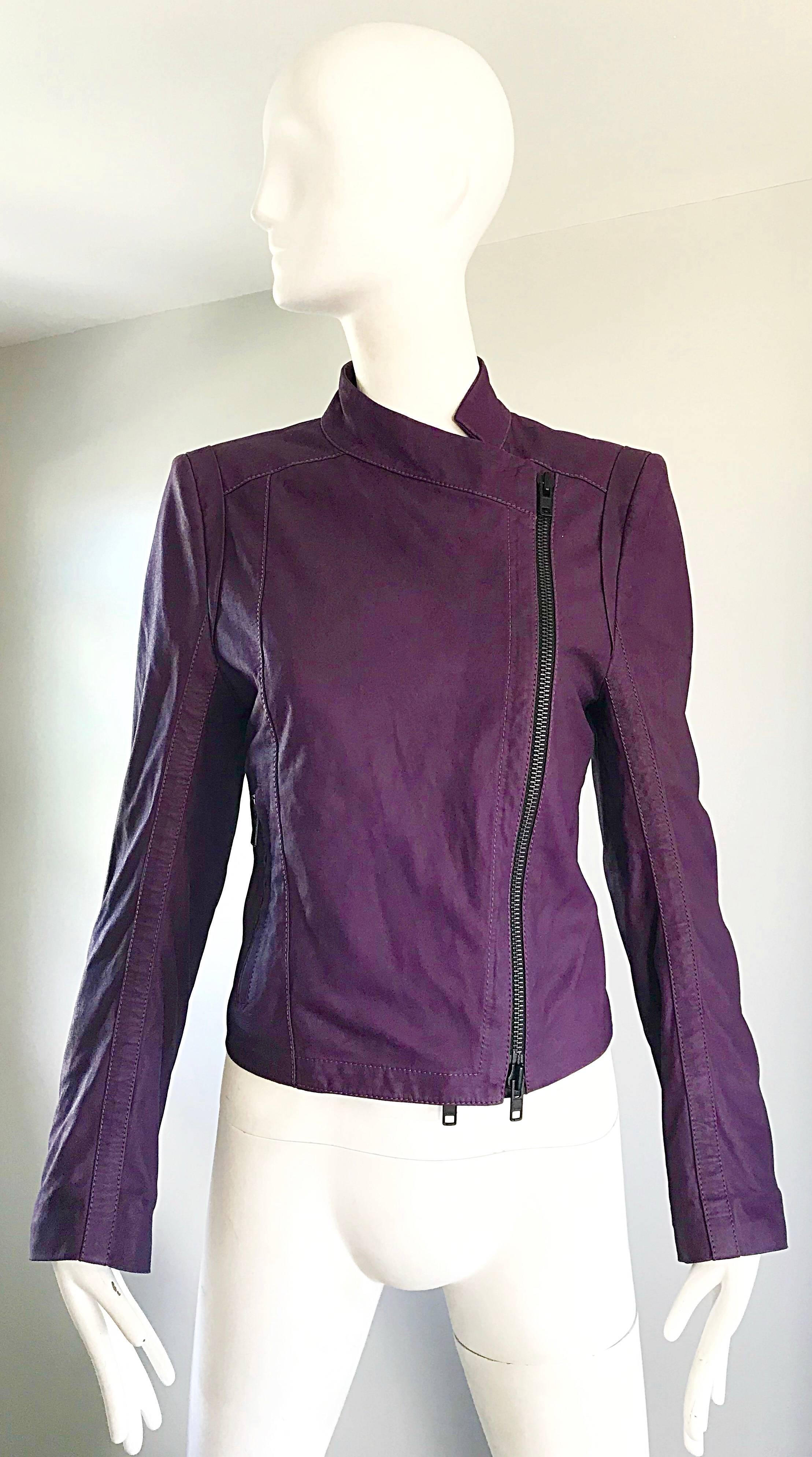 Ann Demeulemeester Chaqueta Moto Vintage Ajustada Piel Berenjena Morada Años 90 Negro en venta