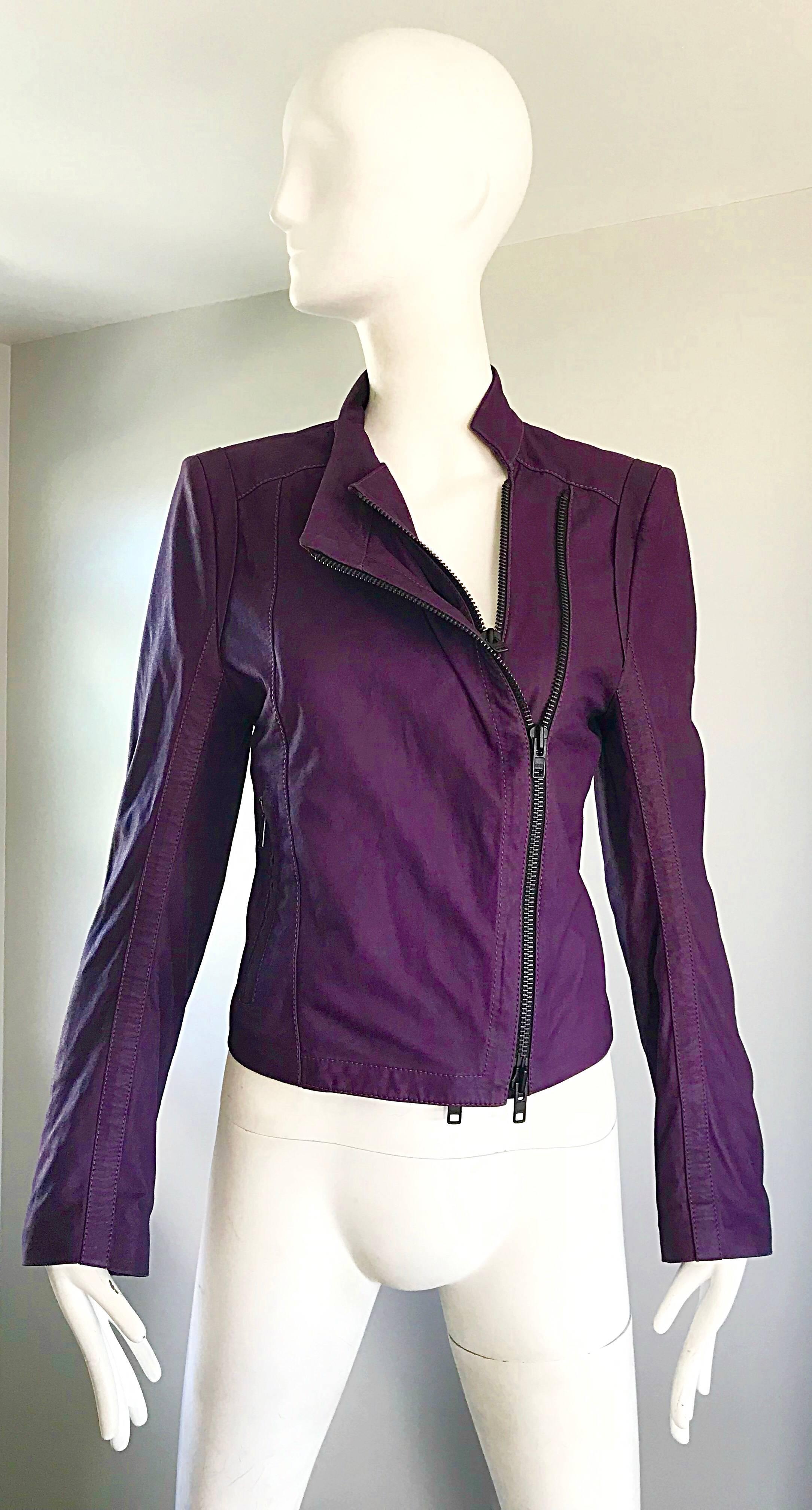 Black Ann Demeulemeester 1990s Purple Eggplant Leather 90s Fitted Vintage Moto Jacket For Sale