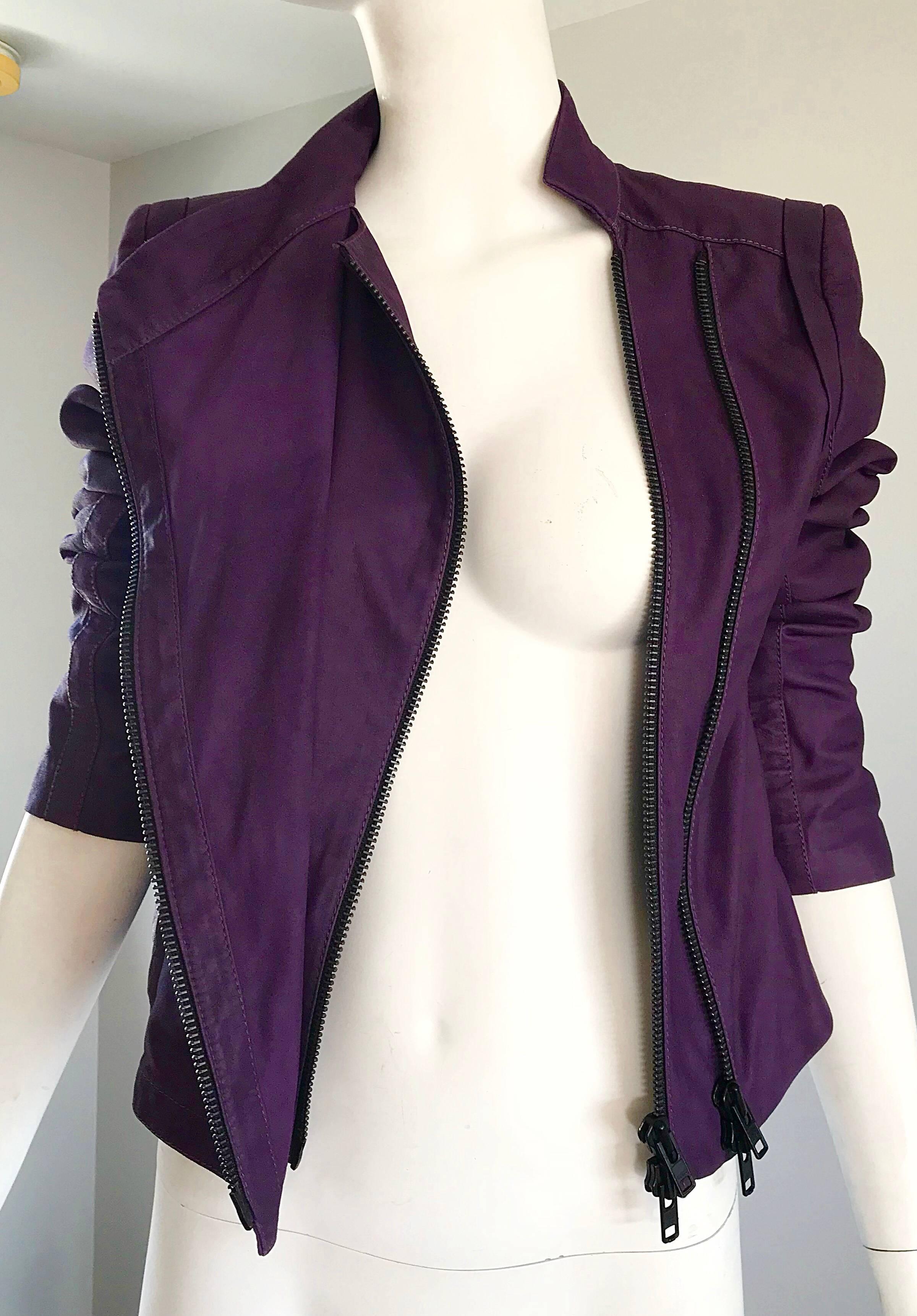 Ann Demeulemeester 1990s Purple Eggplant Leather 90s Fitted Vintage Moto Jacket For Sale 2