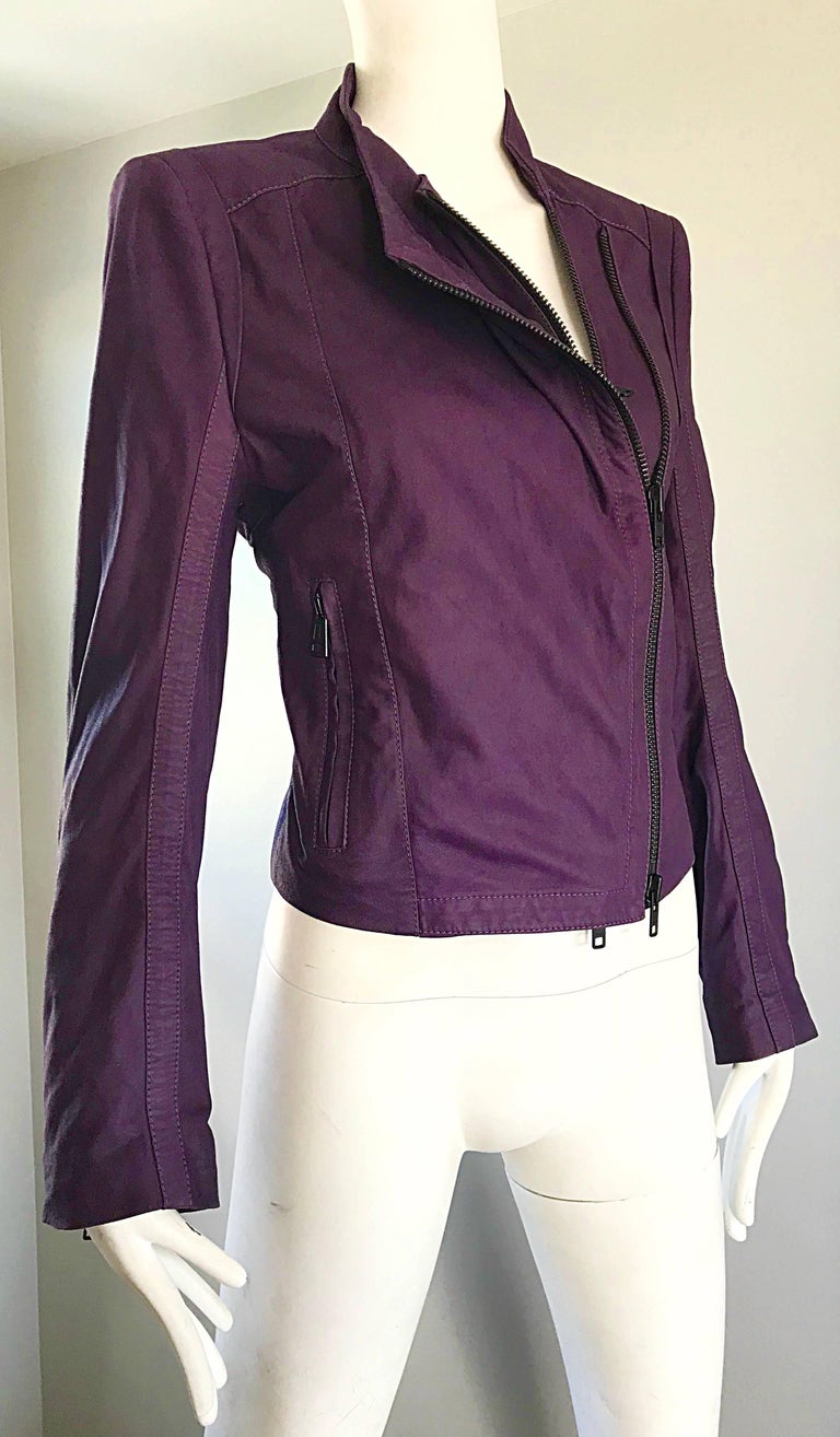 Ann Demeulemeester 1990s Purple Eggplant Leather 90s Fitted Vintage Moto Jacket For Sale at