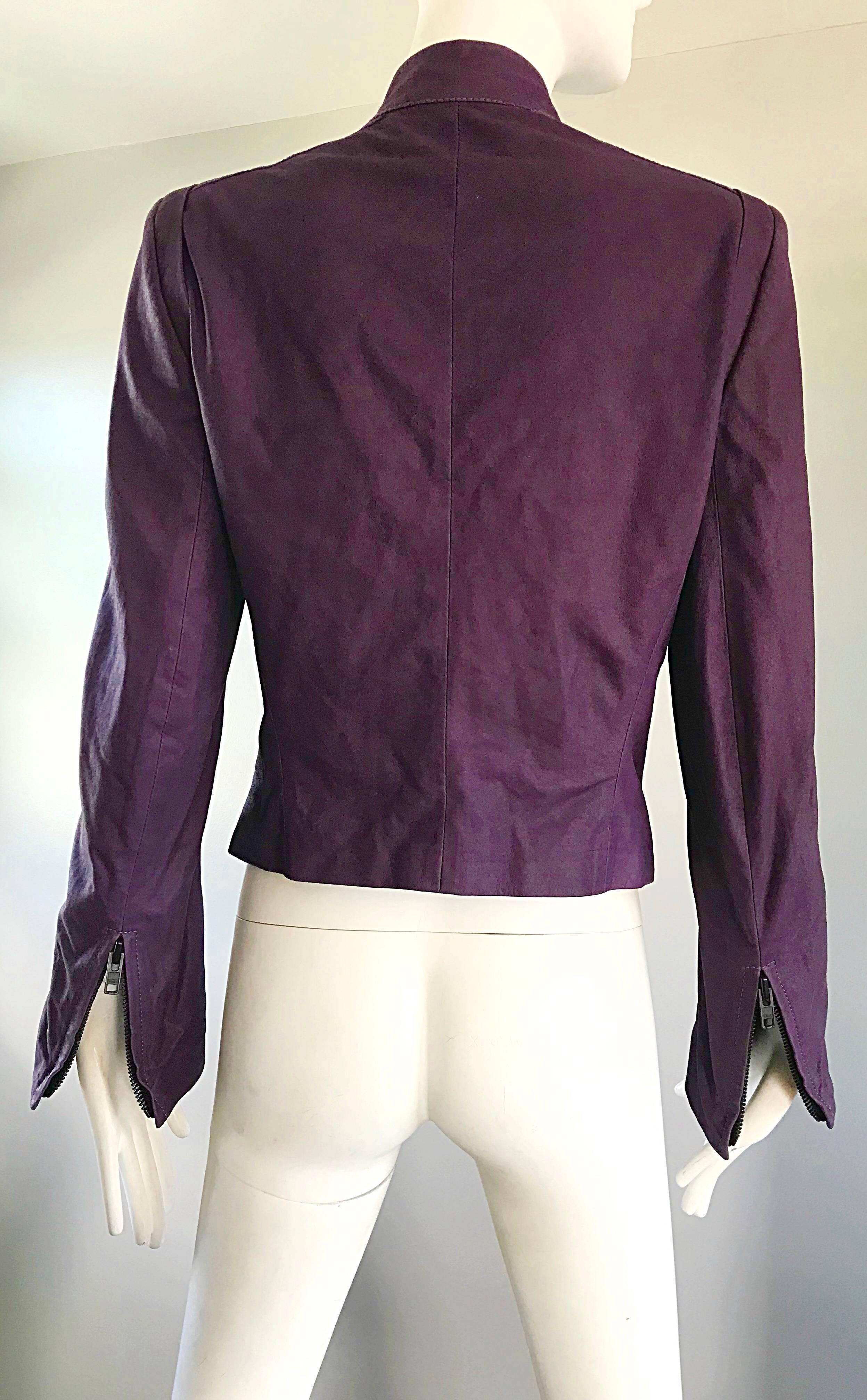 Women's Ann Demeulemeester 1990s Purple Eggplant Leather 90s Fitted Vintage Moto Jacket For Sale