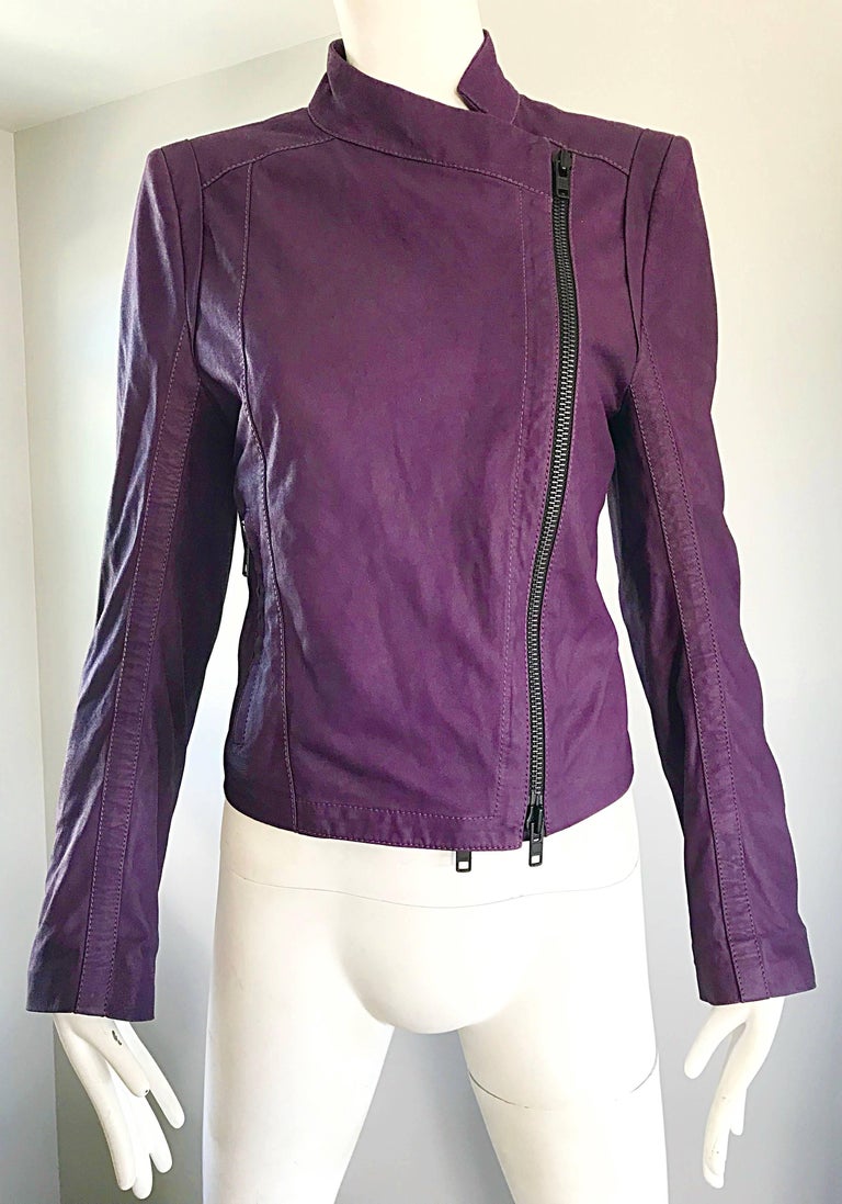 Ann Demeulemeester 1990s Purple Eggplant Leather 90s Fitted Vintage Moto Jacket For Sale at