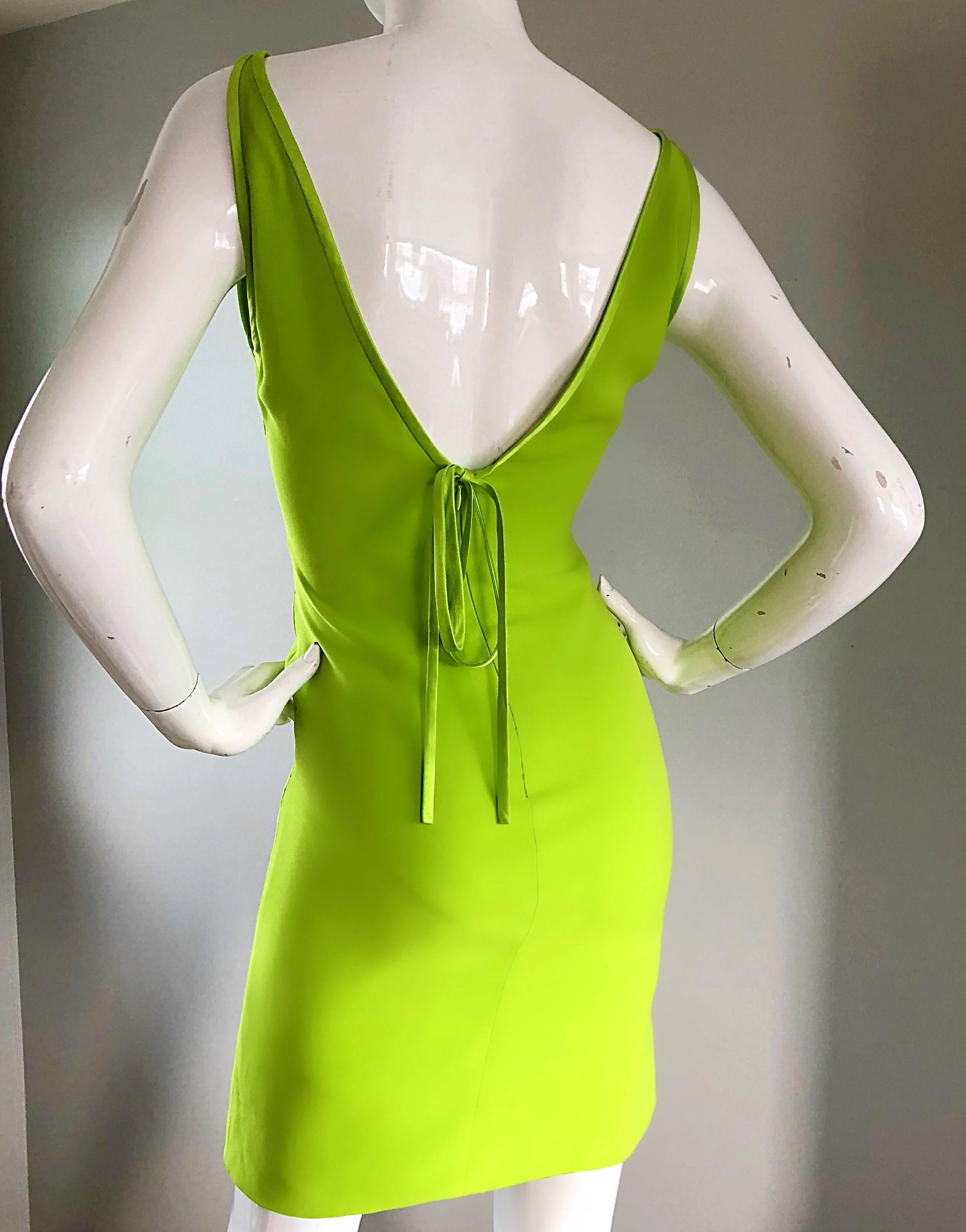 Vintage Valentino Lime Green 1990s Cut - Out Bodycon Sexy Size 4 Silk 90s Dress 3