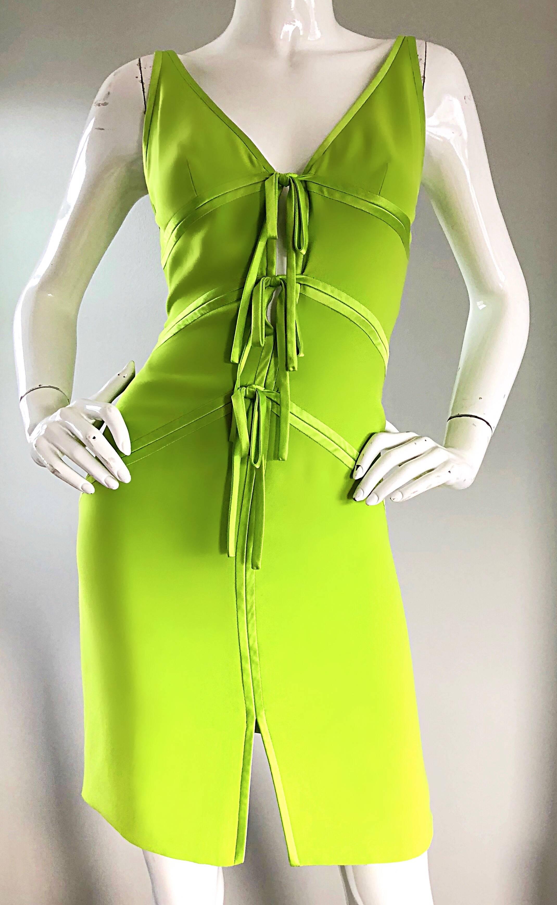Vintage Valentino Lime Green 1990s Cut - Out Bodycon Sexy Size 4 Silk 90s Dress In Excellent Condition In San Diego, CA
