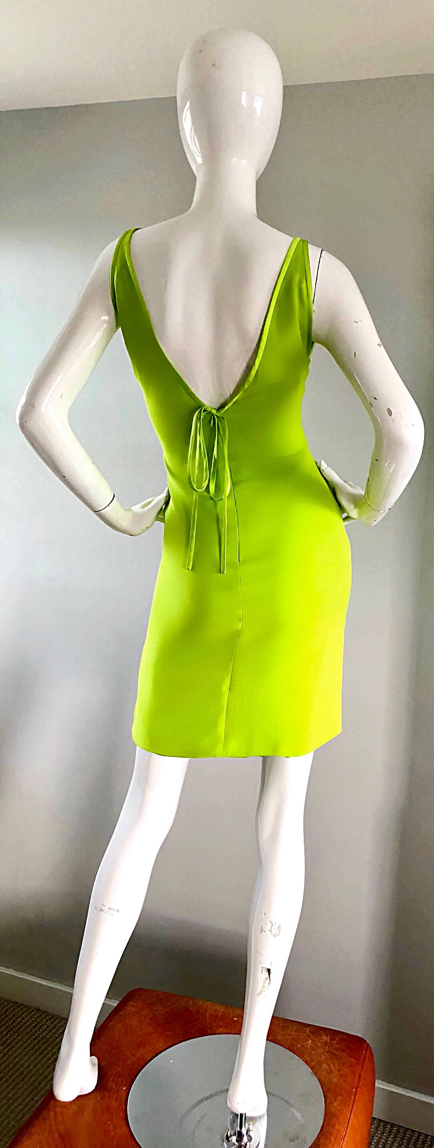Vintage Valentino Lime Green 1990s Cut - Out Bodycon Sexy Size 4 Silk 90s Dress 2