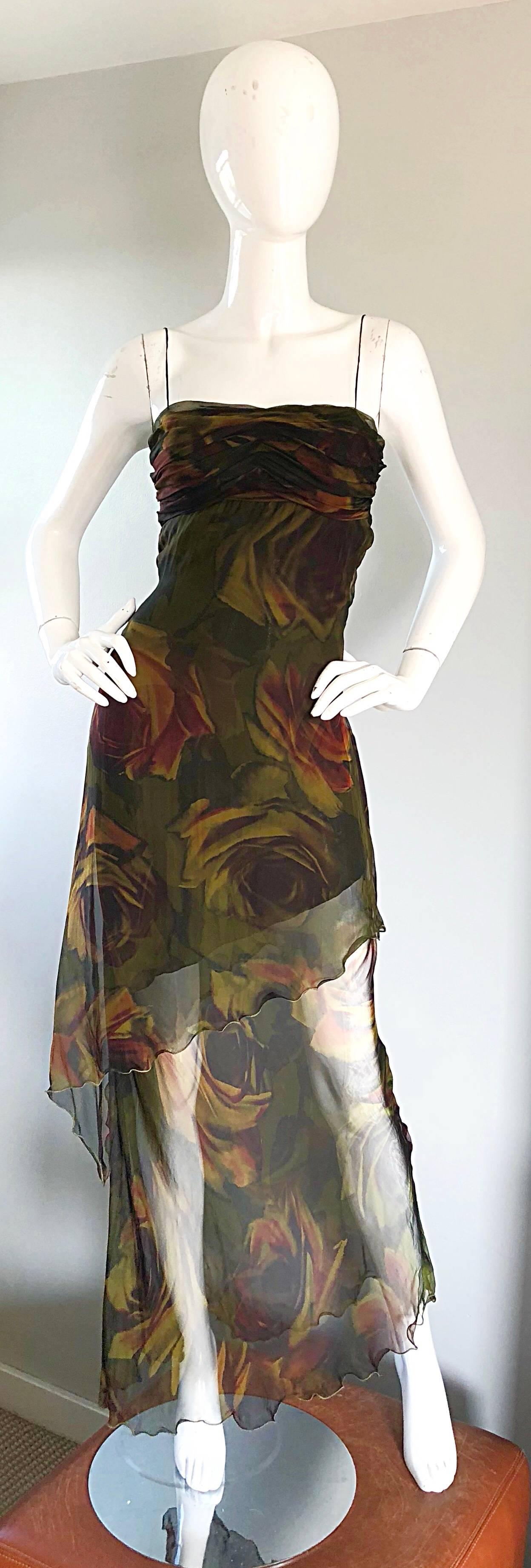 Sexy 1990s LUCA LUCA rose print silk chiffon hi-lo evening dress! Features a three dimensional print of roses in warm colors of hunter green, dark red, and chartreuse throughout. Flattering ruched bodice, with a hidden zipper up the side and