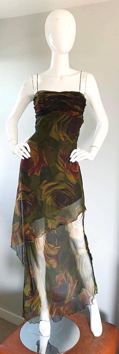 1990s Luca Luca Silk Chiffon High - Low Rose Print Semi Sheer Vintage 90s Gown
