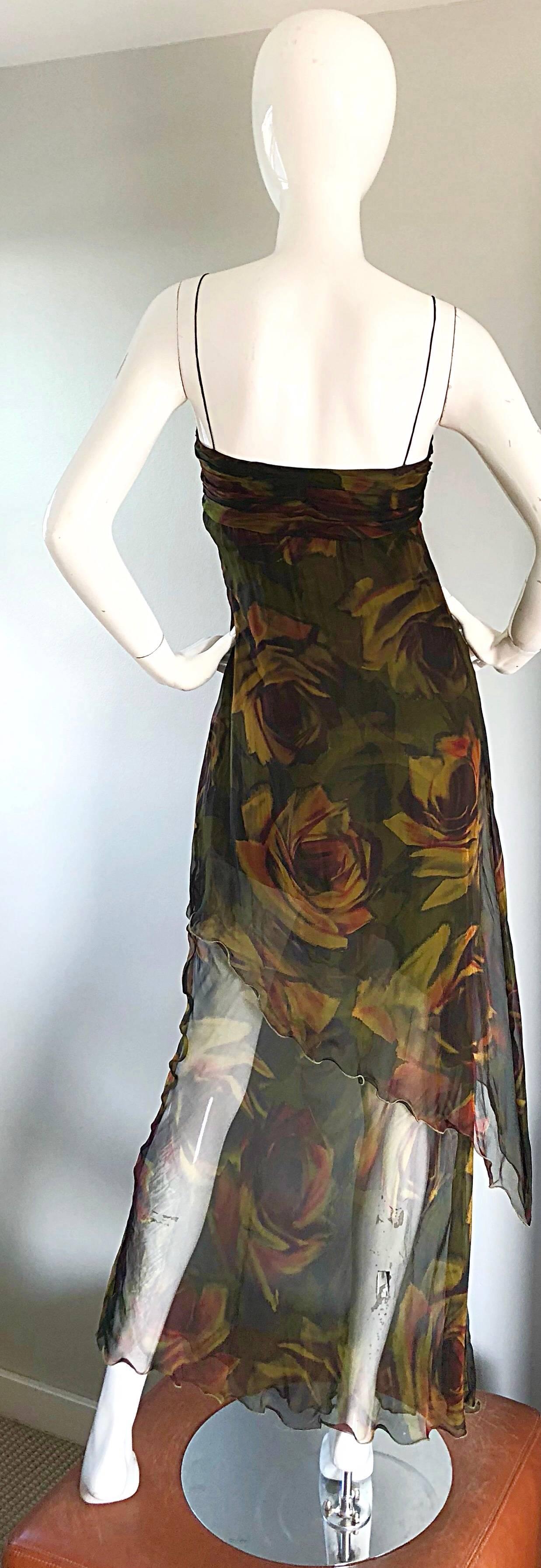 Brown 1990s Luca Luca Silk Chiffon High - Low Rose Print Semi Sheer Vintage 90s Gown