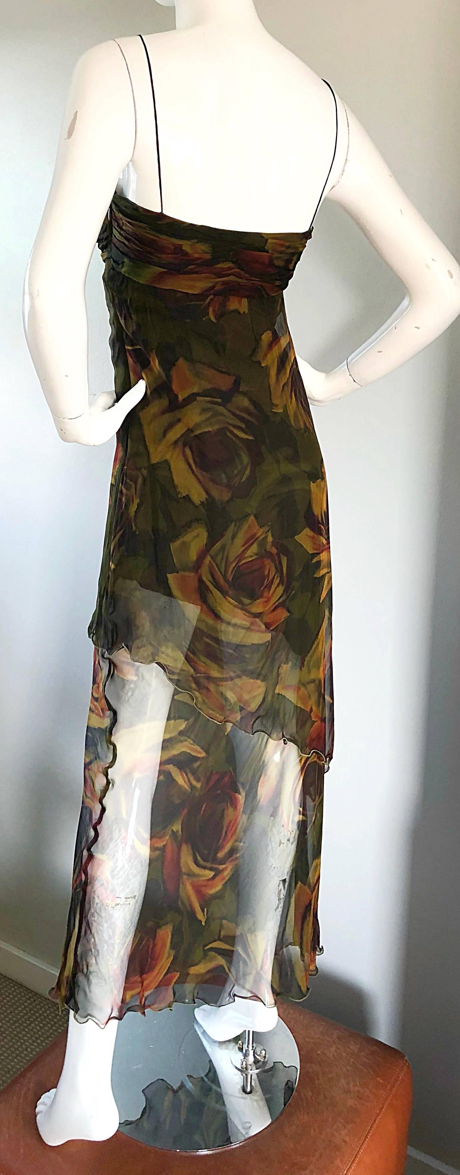 1990s Luca Luca Silk Chiffon High - Low Rose Print Semi Sheer Vintage 90s Gown In Excellent Condition In San Diego, CA