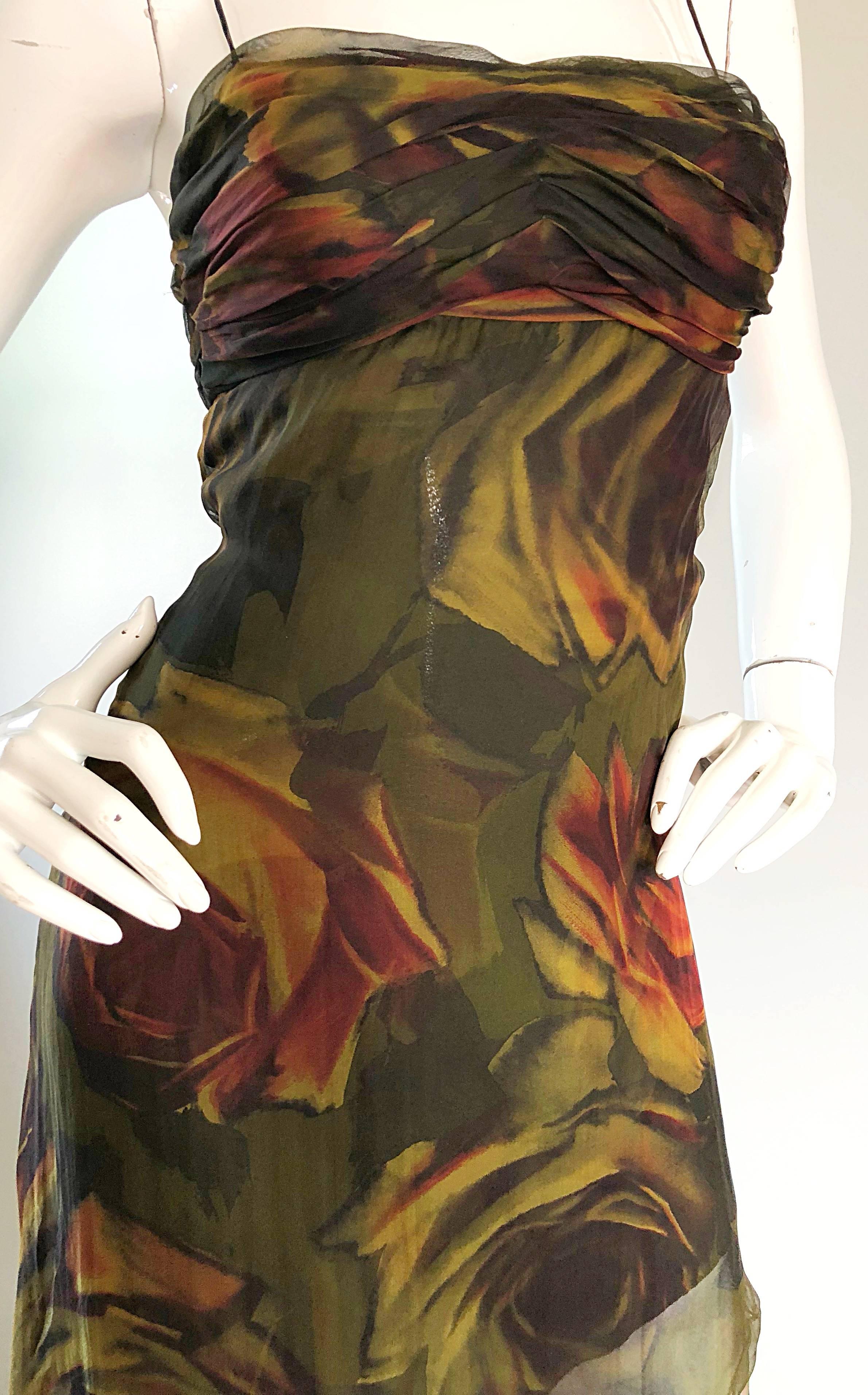 1990s Luca Luca Silk Chiffon High - Low Rose Print Semi Sheer Vintage 90s Gown 1