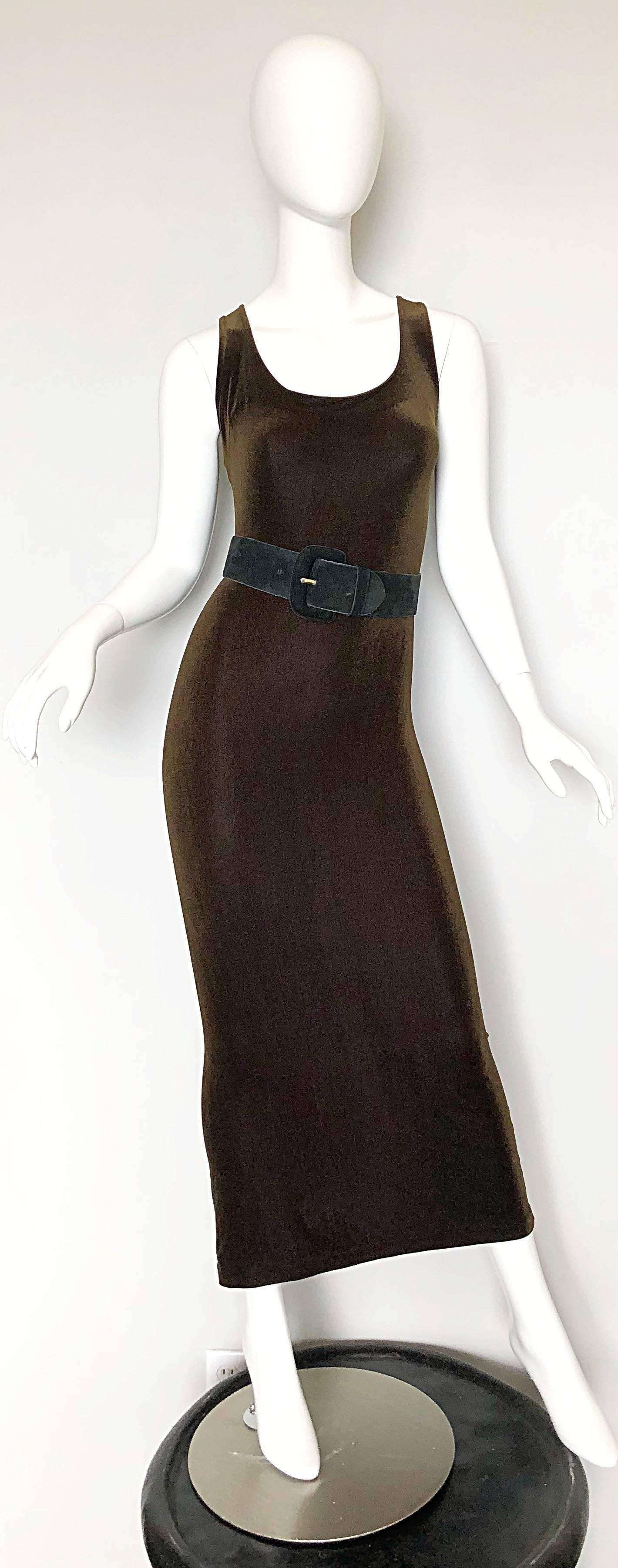 Women's Betsey Johnson Size 10 / 12 Brown Velour Bodycon Vintage Maxi Dress, 1990s 