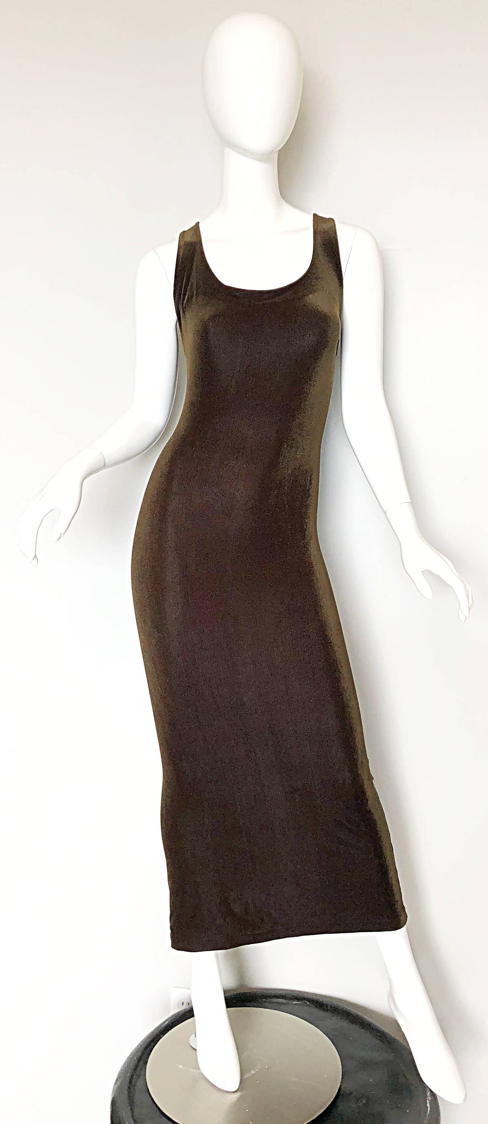 Black Betsey Johnson Size 10 / 12 Brown Velour Bodycon Vintage Maxi Dress, 1990s 