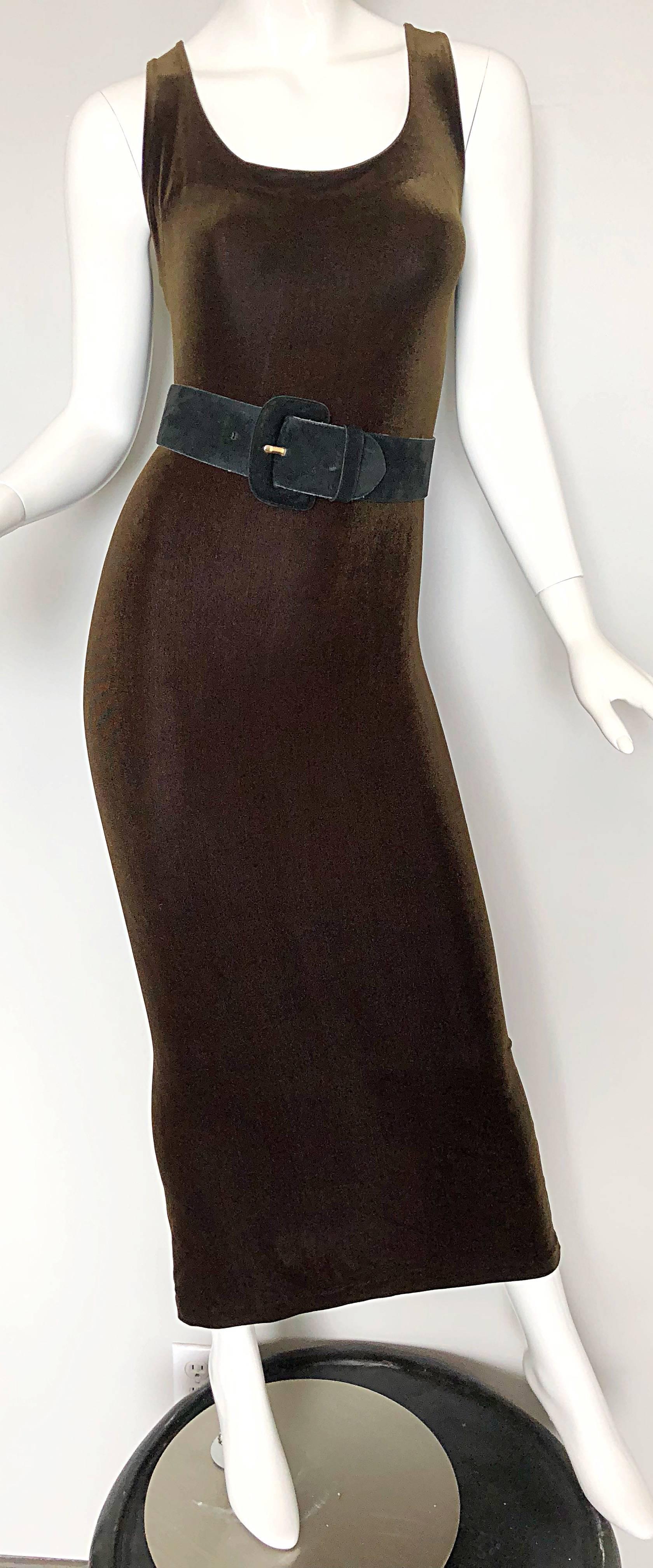 Betsey Johnson Size 10 / 12 Brown Velour Bodycon Vintage Maxi Dress, 1990s  1