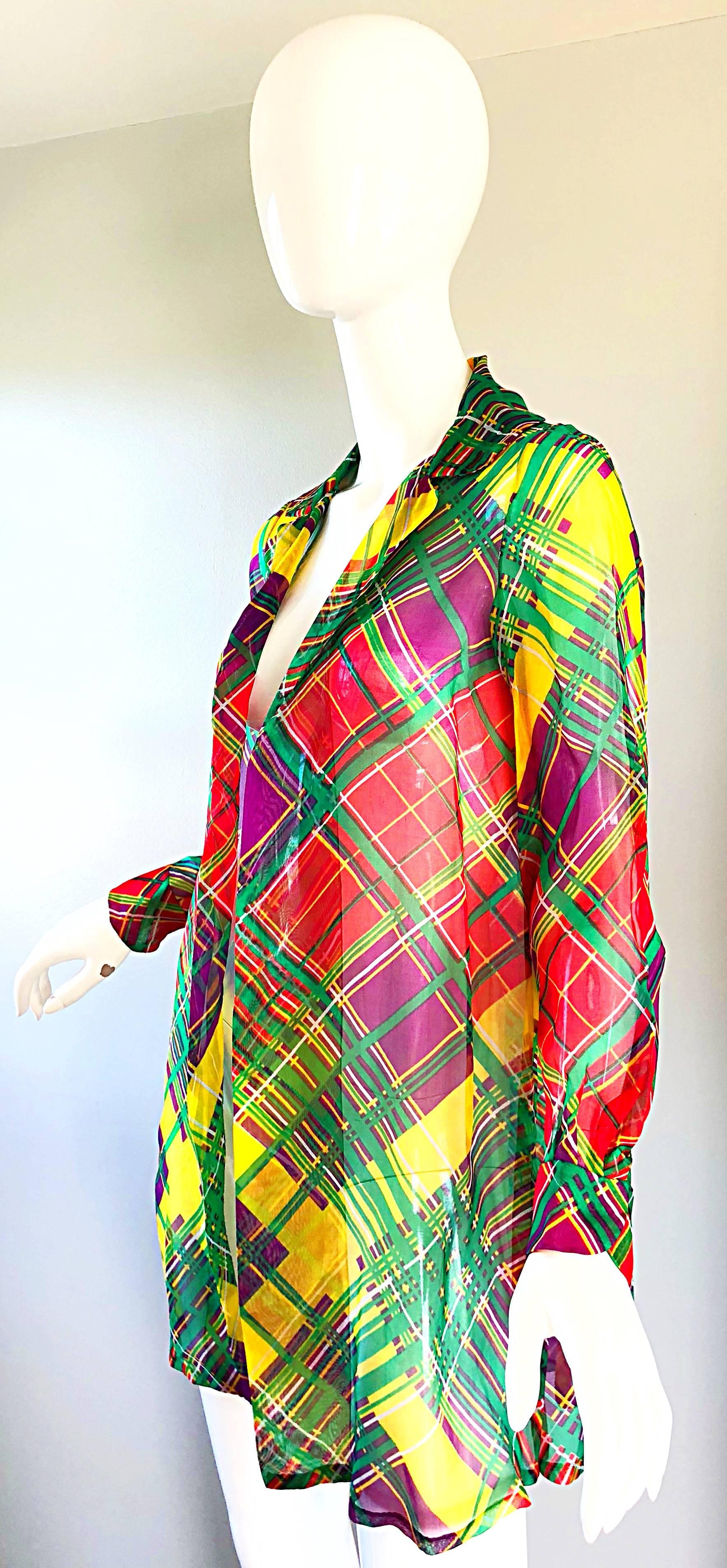 1970s Cardinali Original Sample Plaid Silk Chiffon Open Front Jacket Blouse 2