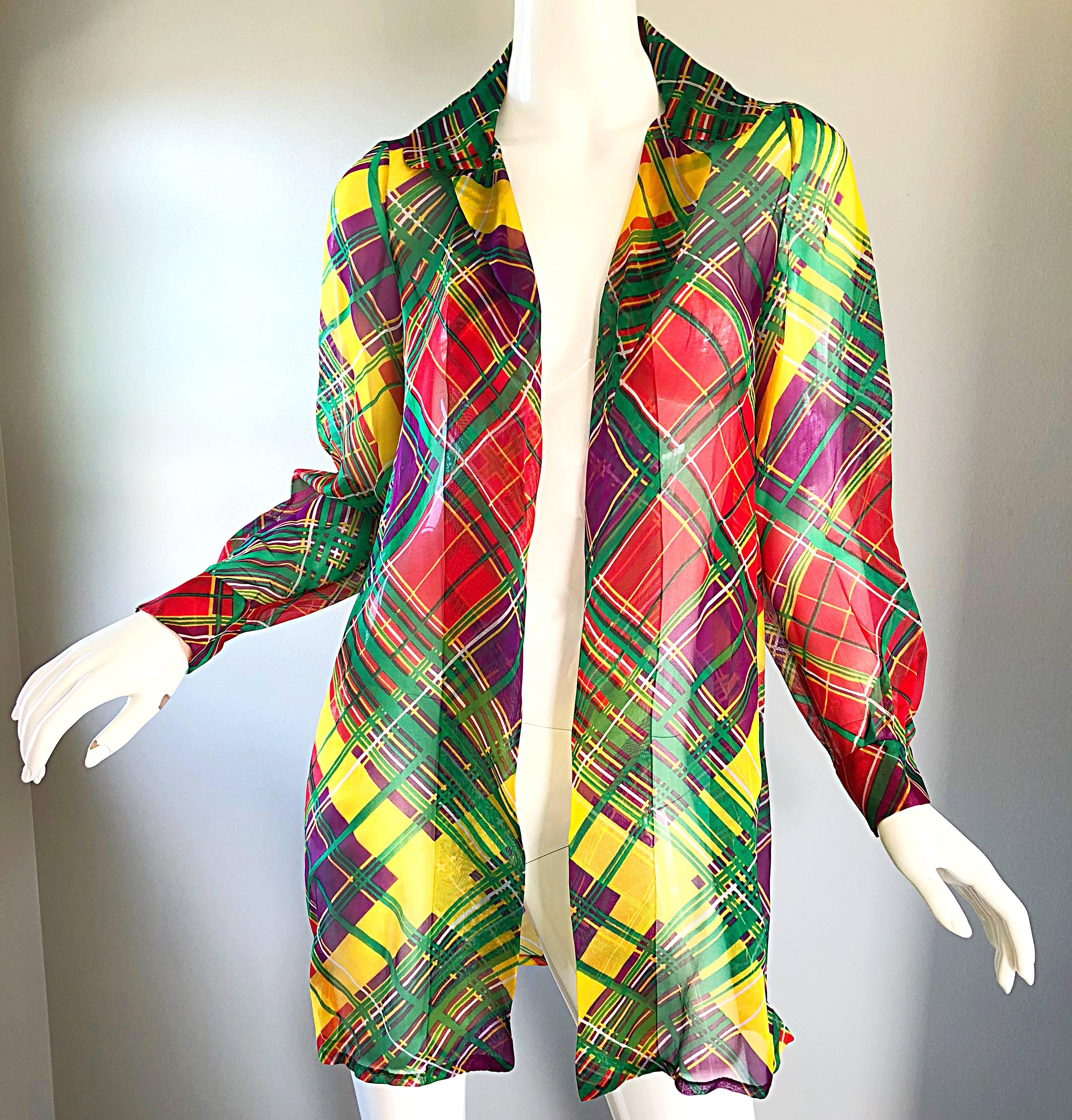 1970s Cardinali Original Sample Plaid Silk Chiffon Open Front Jacket Blouse In Excellent Condition In San Diego, CA