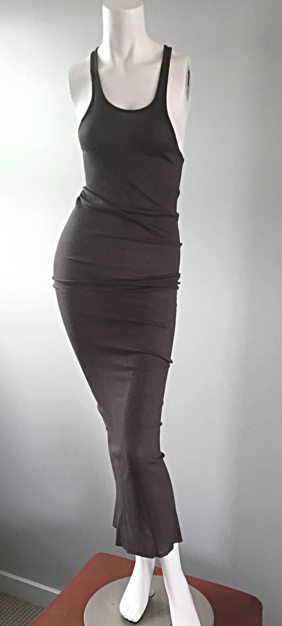 Iconic and Rare Rick Owens signature long tank dress, in hard to come by RO color---DARKDUS!!! This particular length (62 inches) is extremely rare to come by! I have seen the midi length version a few times, but never in this length! Chic BodCon