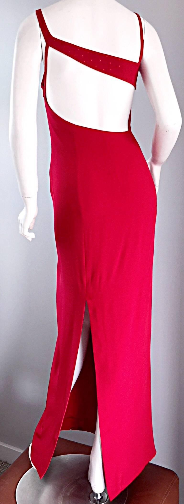 Sexiest 1990s Lane Davis of Beverly Hills red Avant Garde dress! AMAZING cut, that looks to die for on! Lipstick red, with matching red rhinestones throughout. Couture quality! Asymmetrical slit parallels fantastically with the cut-out back, and