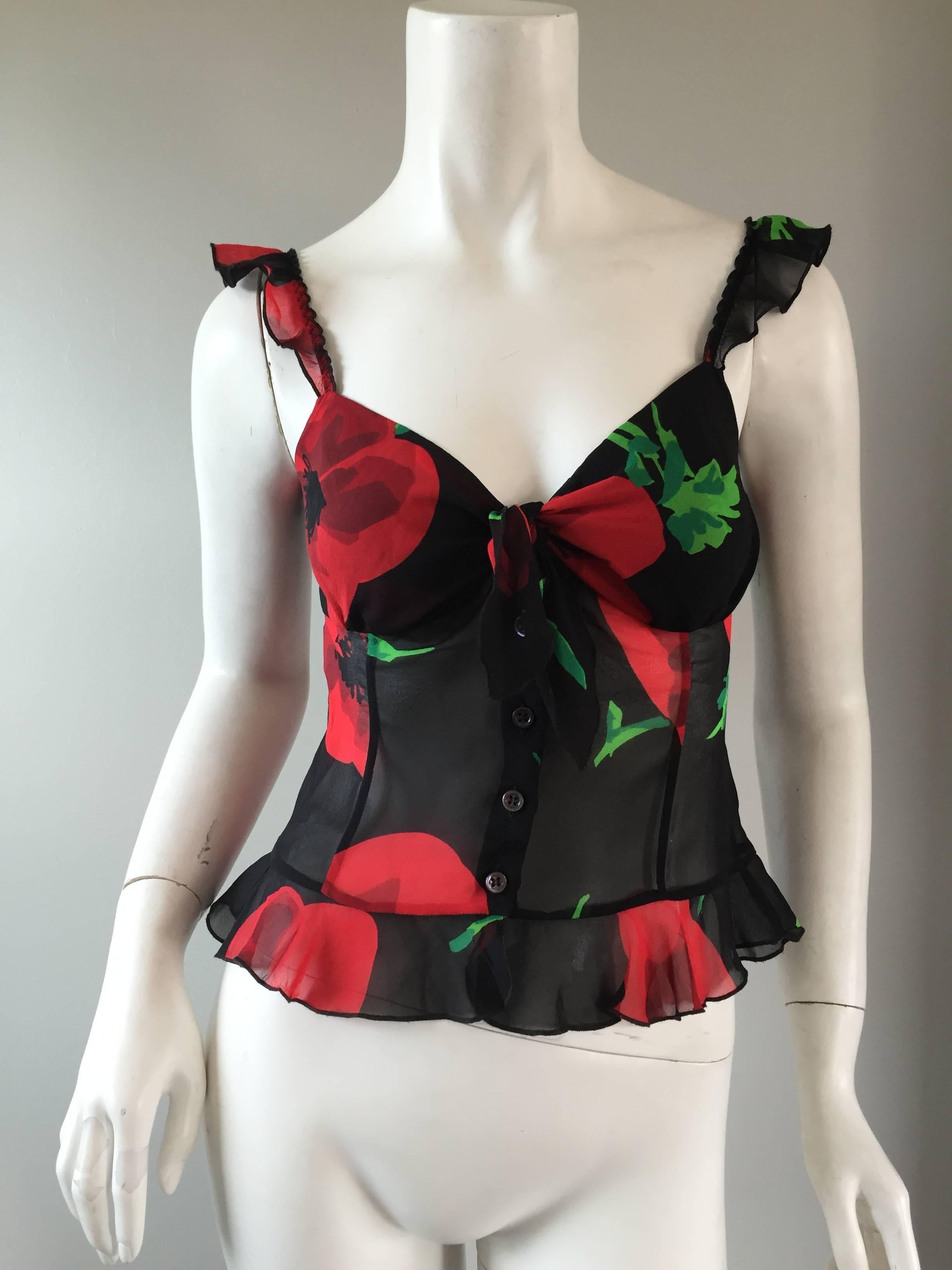 1990s Moschino ' Cheap and Chic ' 90s Silk Ruffle Blouse w/ Abstract Flowers In Excellent Condition In San Diego, CA