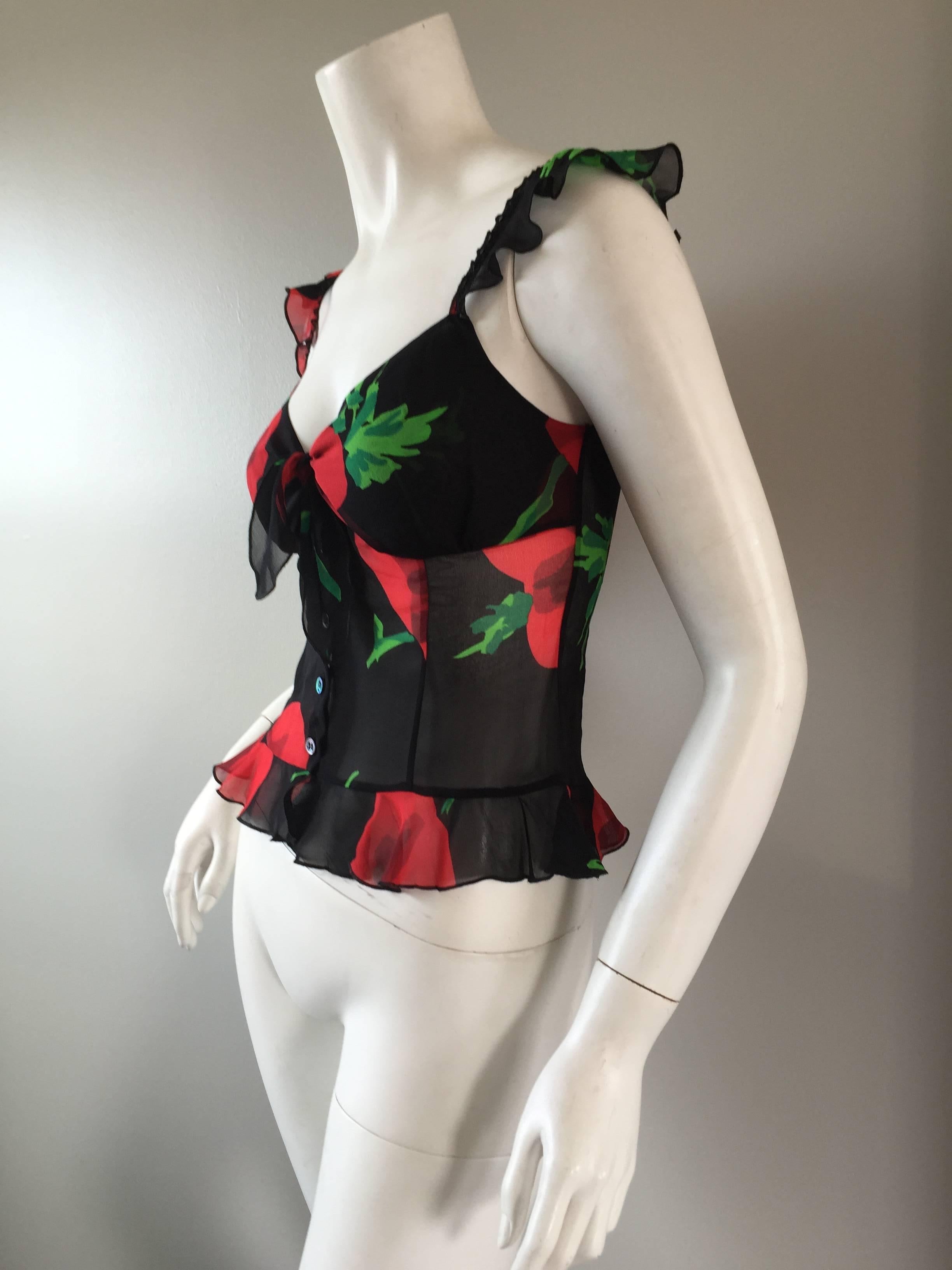 1990s Moschino ' Cheap and Chic ' 90s Silk Ruffle Blouse w/ Abstract Flowers 1