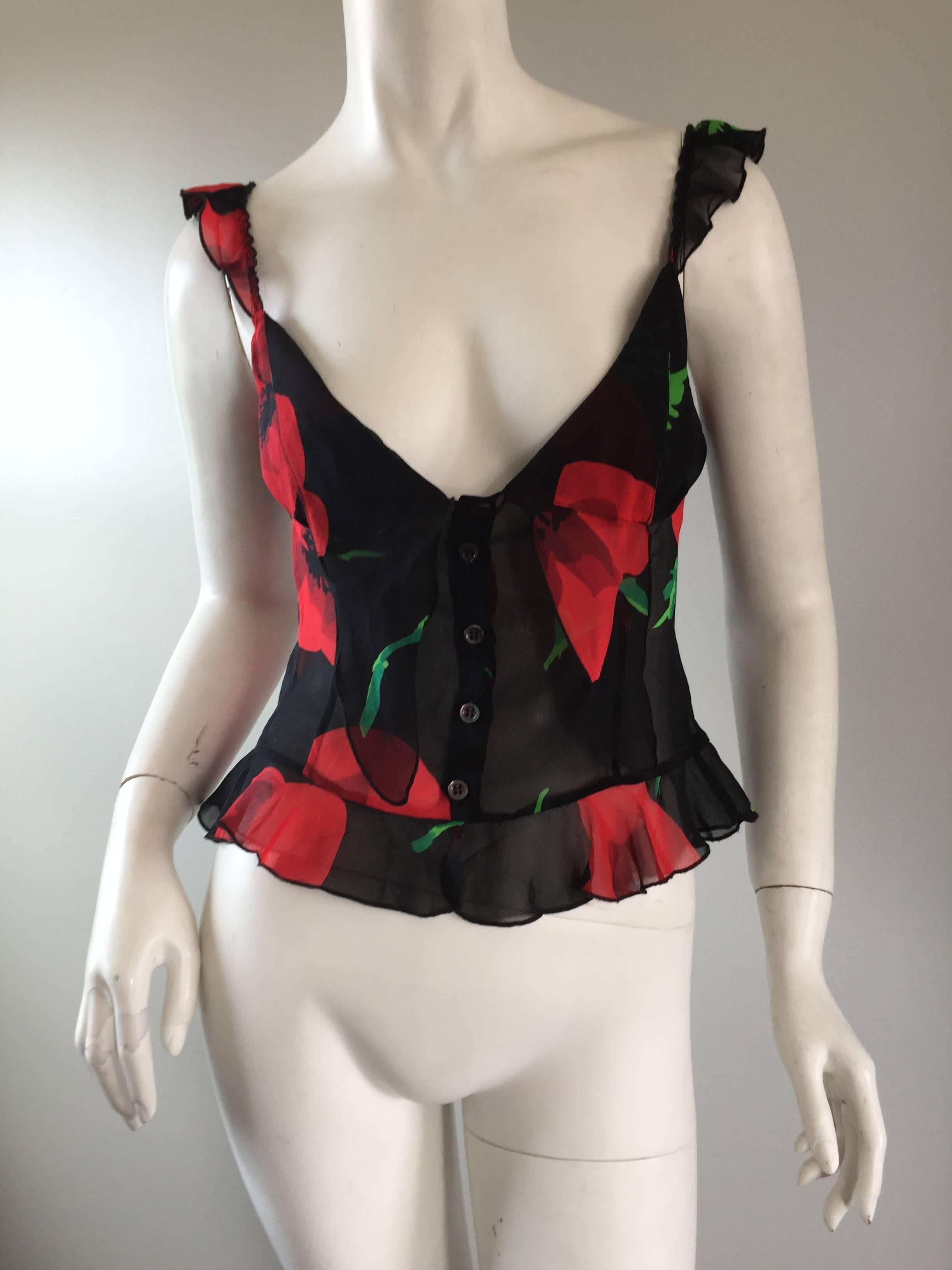 1990s Moschino ' Cheap and Chic ' 90s Silk Ruffle Blouse w/ Abstract Flowers 3
