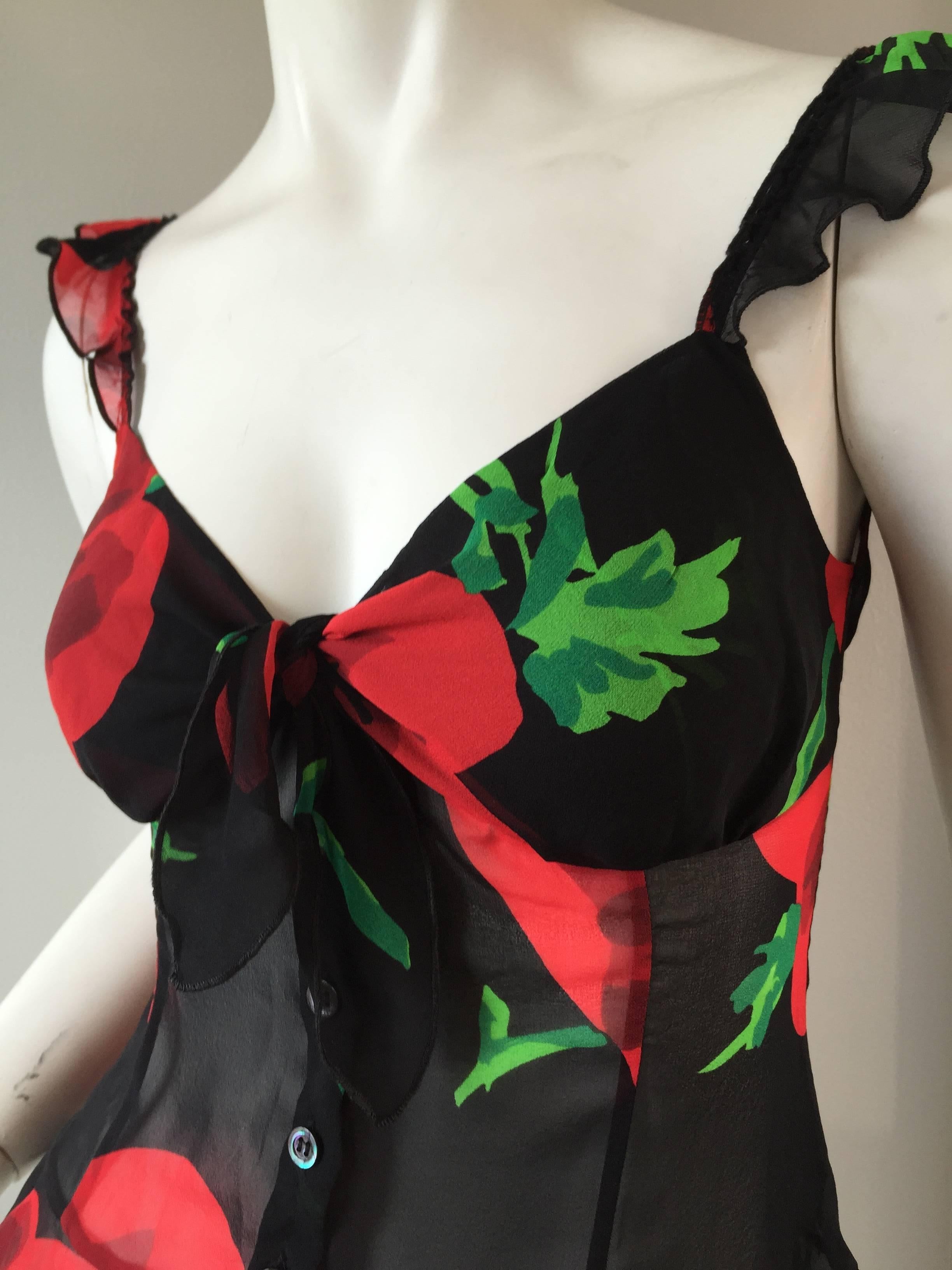 1990s Moschino ' Cheap and Chic ' 90s Silk Ruffle Blouse w/ Abstract Flowers 4