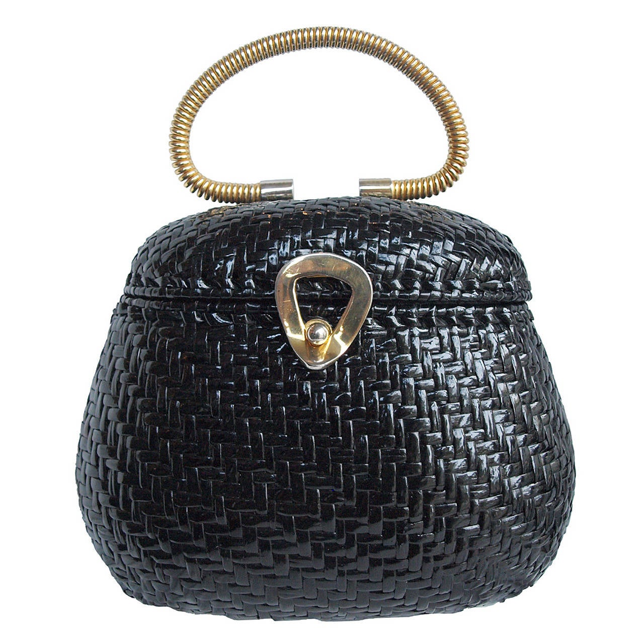 1960's Koret Black Patent Basket Bag with Gold Tear Drop Clasp For Sale
