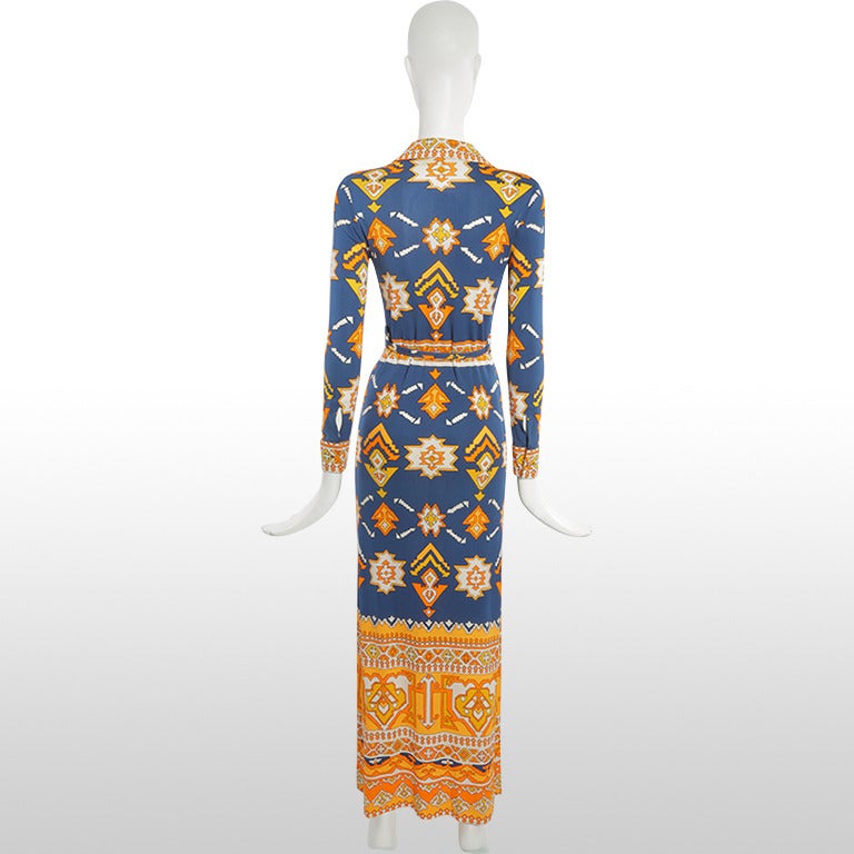 Women's 1970’s Leonard Paris Navy and Orange Aztec Print Dress