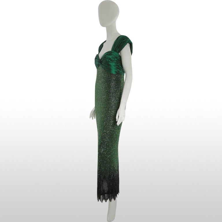 1980’s/90’s Bellville Sassoon & Locan Mullany Emerald Green Sequin Gown In Excellent Condition For Sale In London, GB