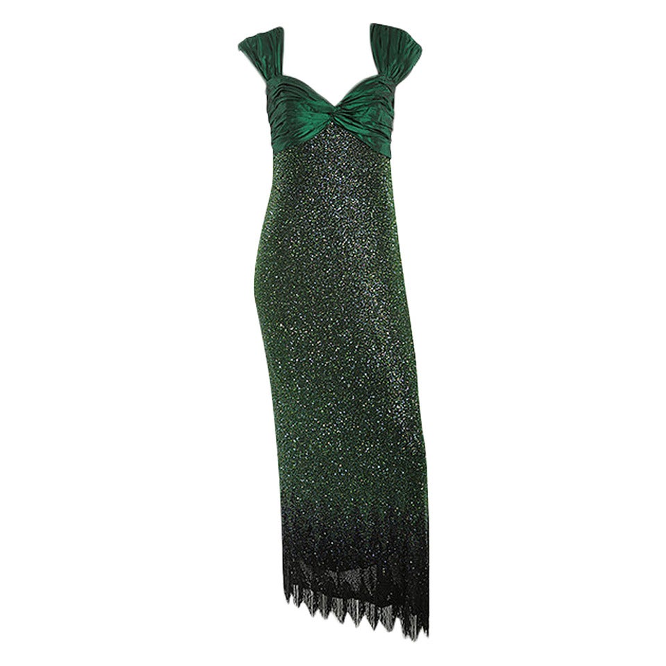 1980’s/90’s Bellville Sassoon & Locan Mullany Emerald Green Sequin Gown For Sale