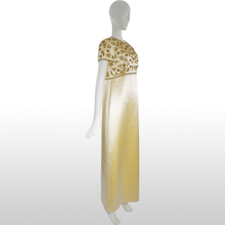 1960's Mr Blackwell Custom Beaded Sunshine Yellow Satin Gown In Excellent Condition For Sale In London, GB