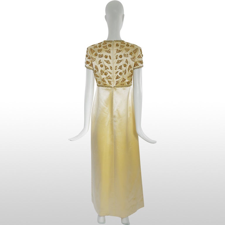 Beige 1960's Mr Blackwell Custom Beaded Sunshine Yellow Satin Gown For Sale