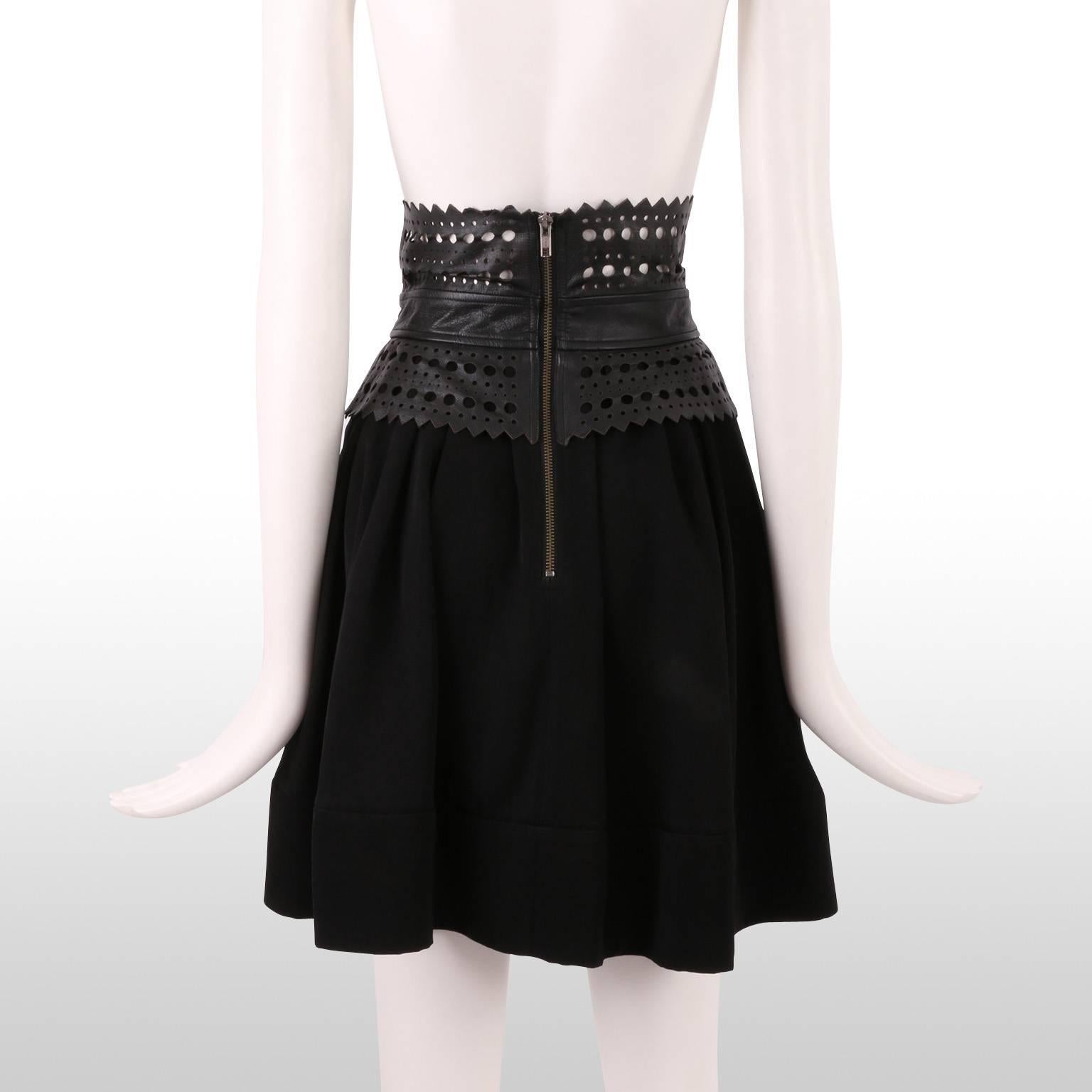 Women's Elizabeth and James Black Skater Skirt with Leather Laser Cut Waistband For Sale