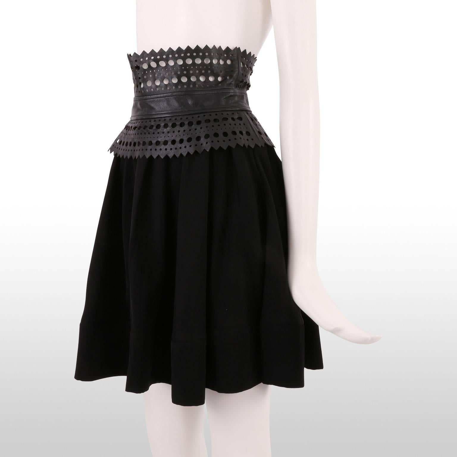 Elizabeth and James Black Skater Skirt with Leather Laser Cut Waistband For Sale 1
