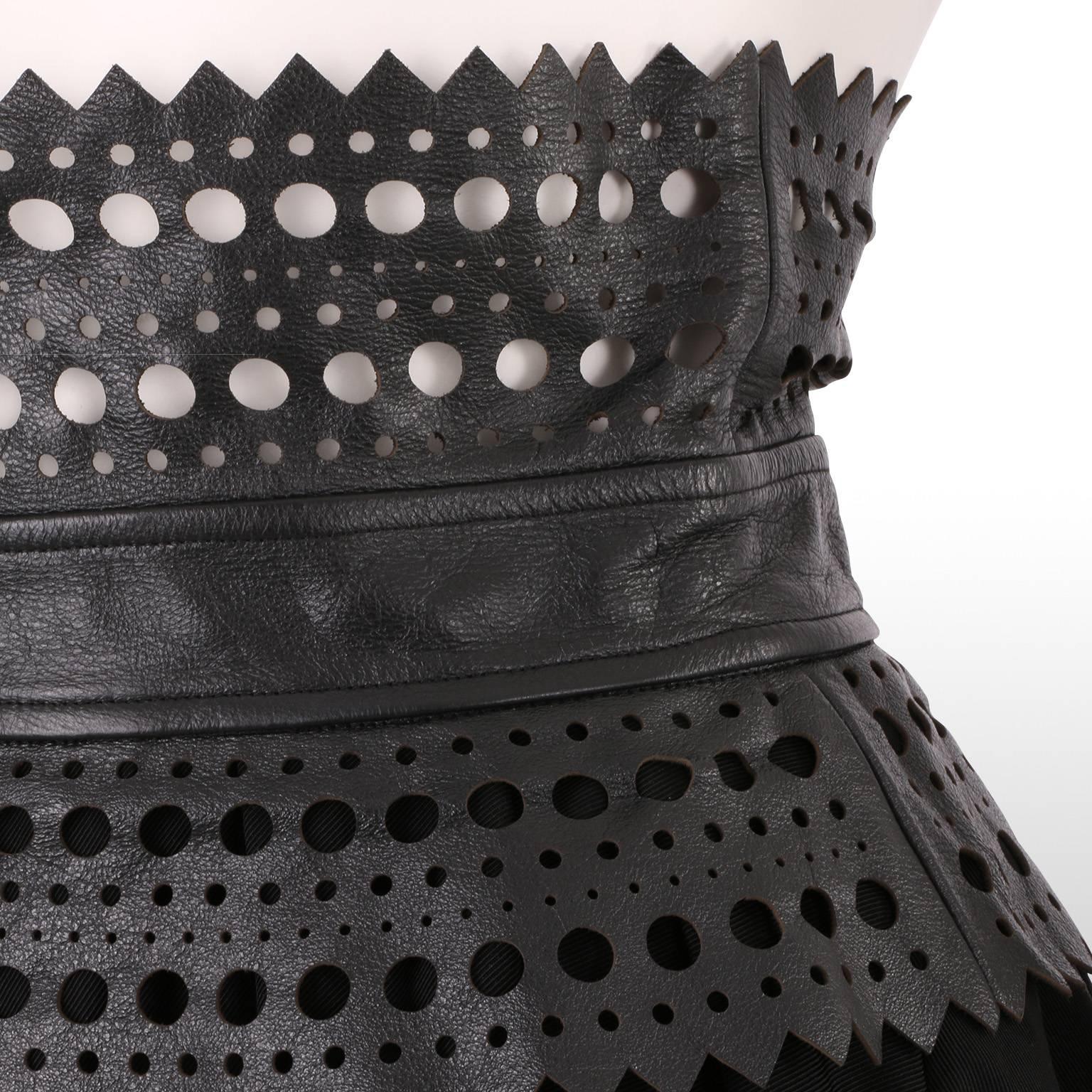 Elizabeth and James Black Skater Skirt with Leather Laser Cut Waistband For Sale 2